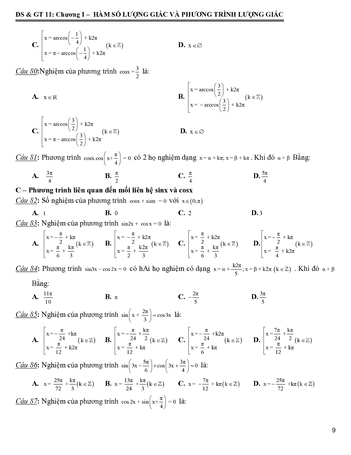 172 bài tập trắc nghiệm hàm số lượng giác và phương trình lượng giác - có đáp án 2023 (trang 10)
