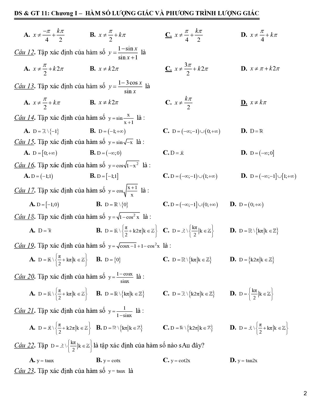 172 bài tập trắc nghiệm hàm số lượng giác và phương trình lượng giác - có đáp án 2023 (trang 3)