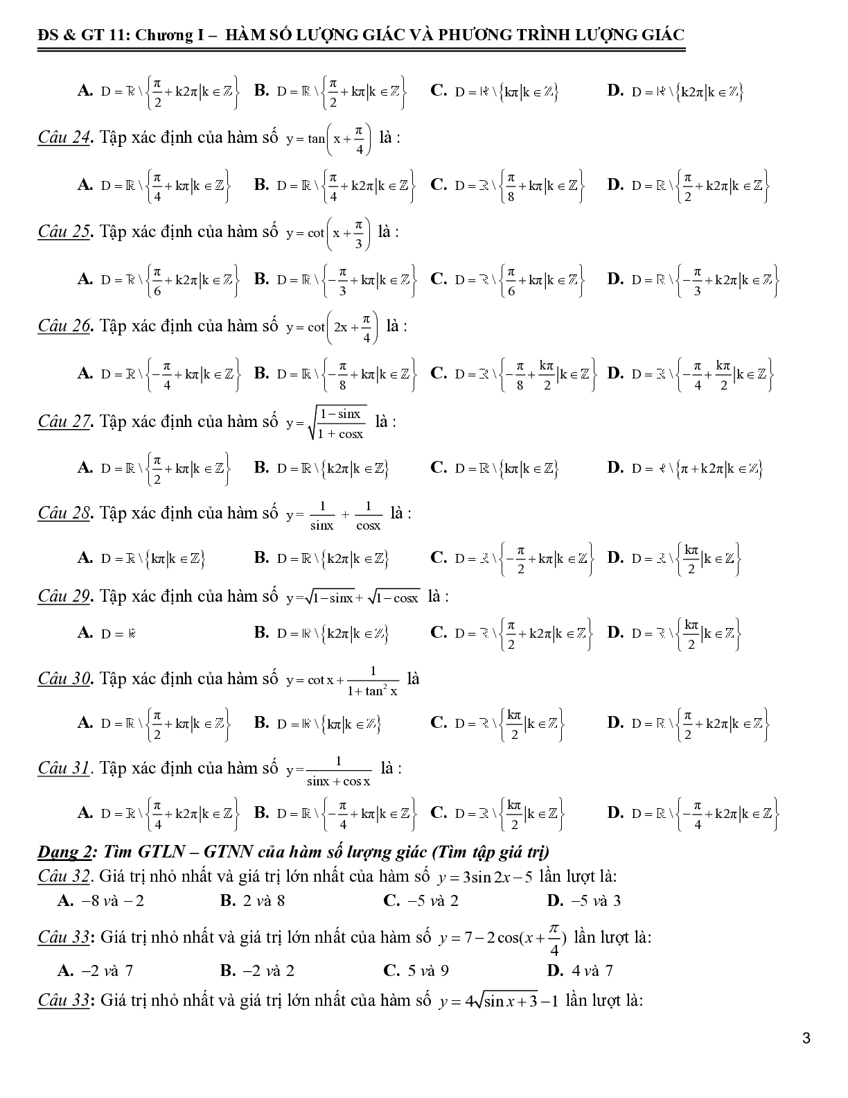 172 bài tập trắc nghiệm hàm số lượng giác và phương trình lượng giác - có đáp án 2023 (trang 4)