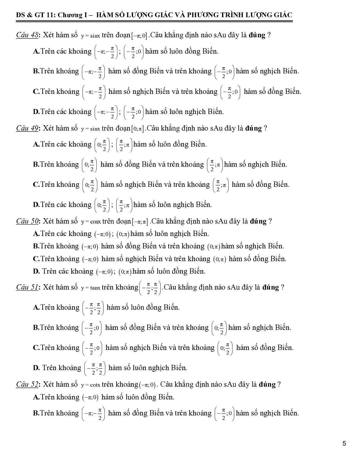 172 bài tập trắc nghiệm hàm số lượng giác và phương trình lượng giác - có đáp án 2023 (trang 6)
