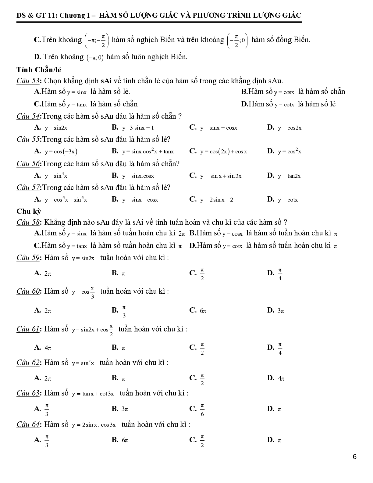 172 bài tập trắc nghiệm hàm số lượng giác và phương trình lượng giác - có đáp án 2023 (trang 7)