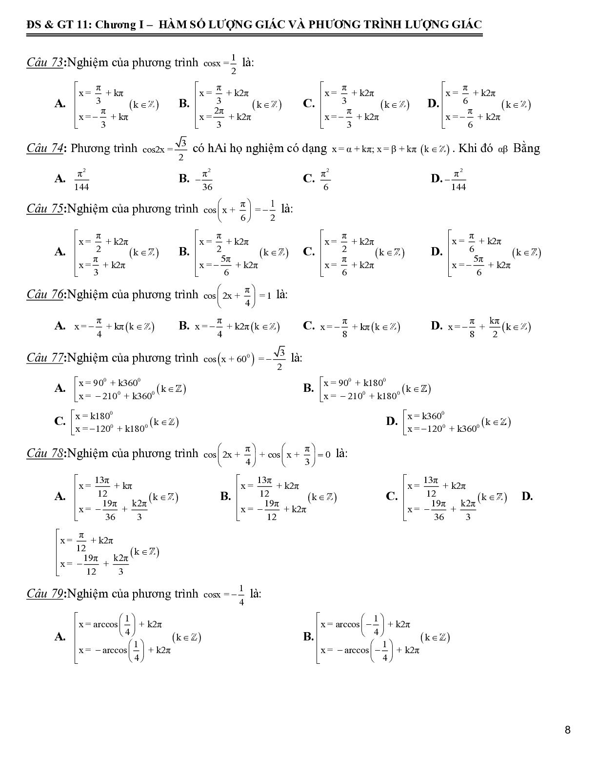 172 bài tập trắc nghiệm hàm số lượng giác và phương trình lượng giác - có đáp án 2023 (trang 9)