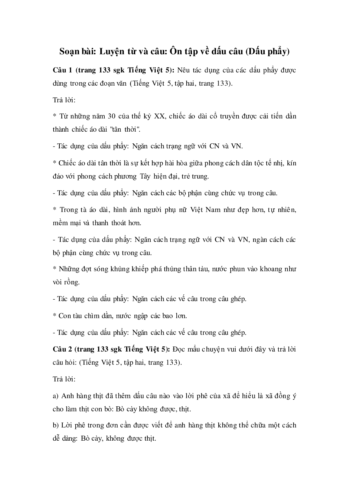 Soạn Tiếng Việt lớp 5:Luyện từ và câu: Ôn tập về dấu câu (Dấu phẩy) mới nhất (trang 1)