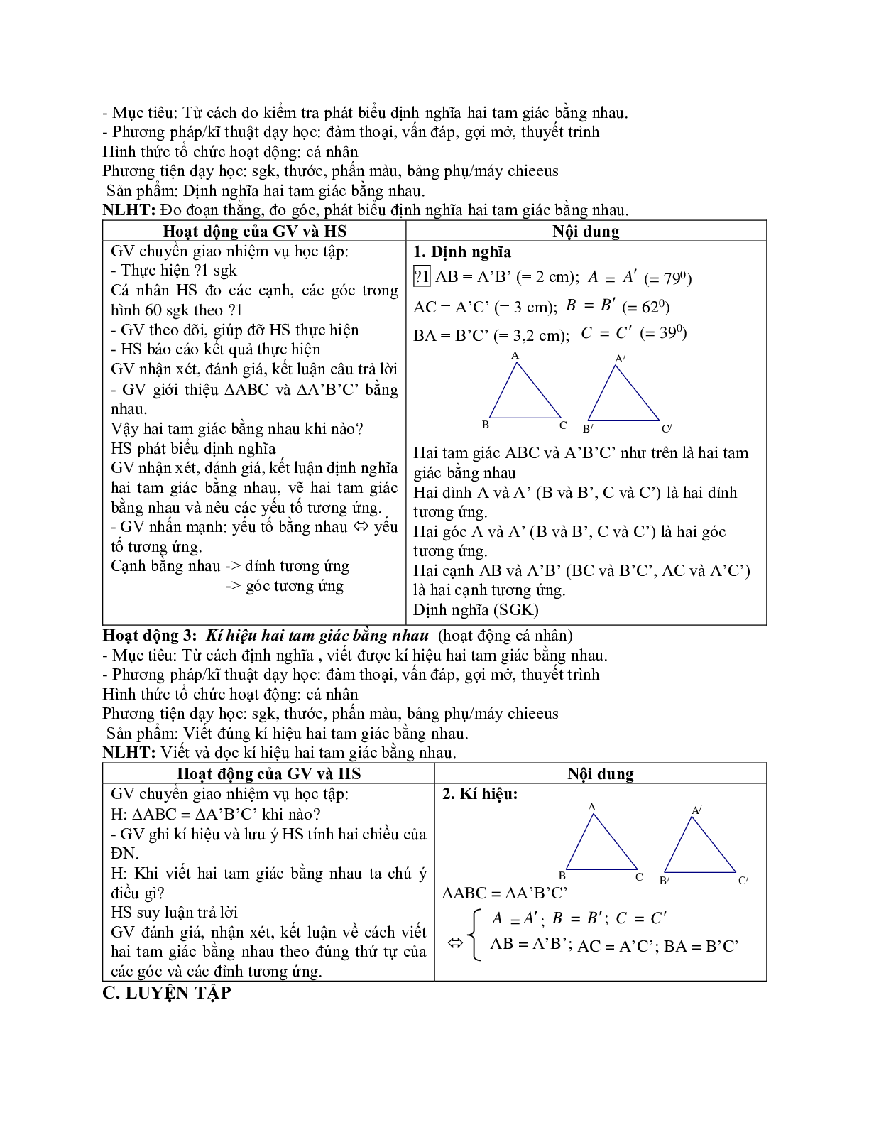 Giáo án Toán 7 bài 2: Hai tam giác bằng nhau mới nhất (trang 2)