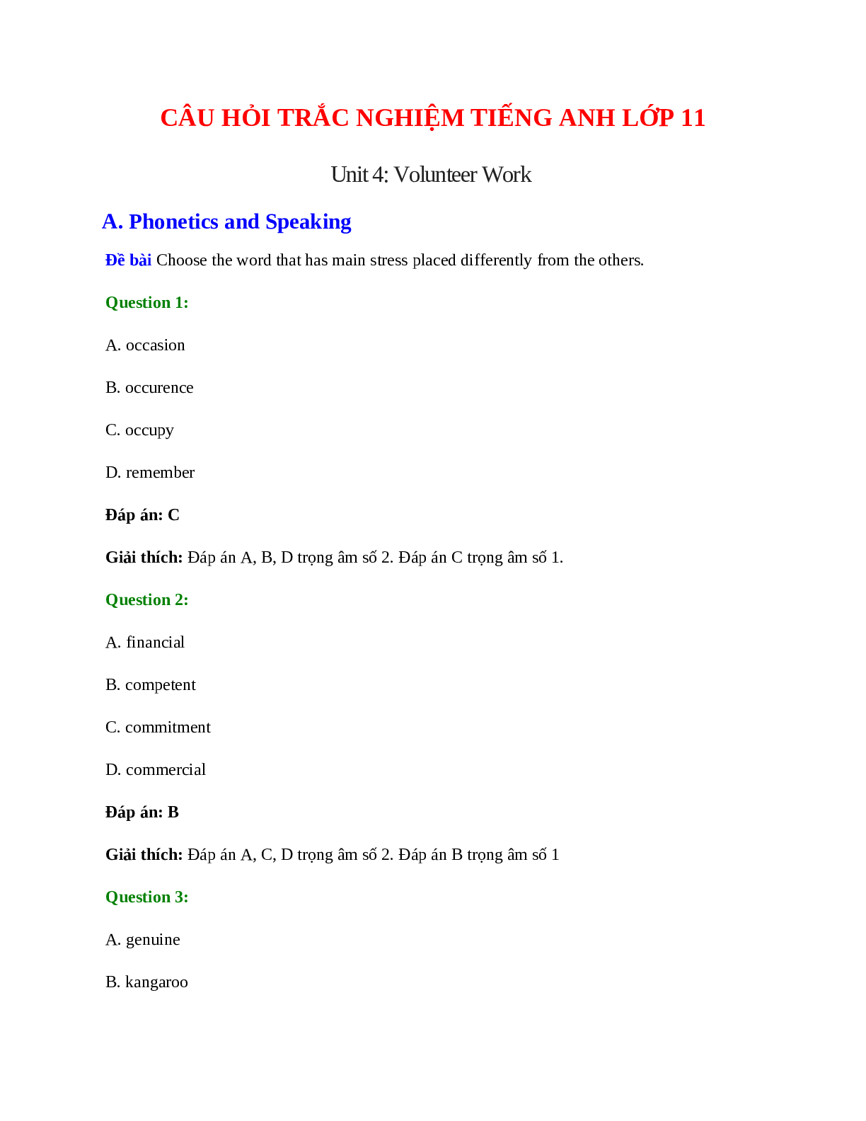 60 câu Trắc nghiệm Tiếng Anh 11 Unit 4 có đáp án 2023: Volunteer Work (trang 1)