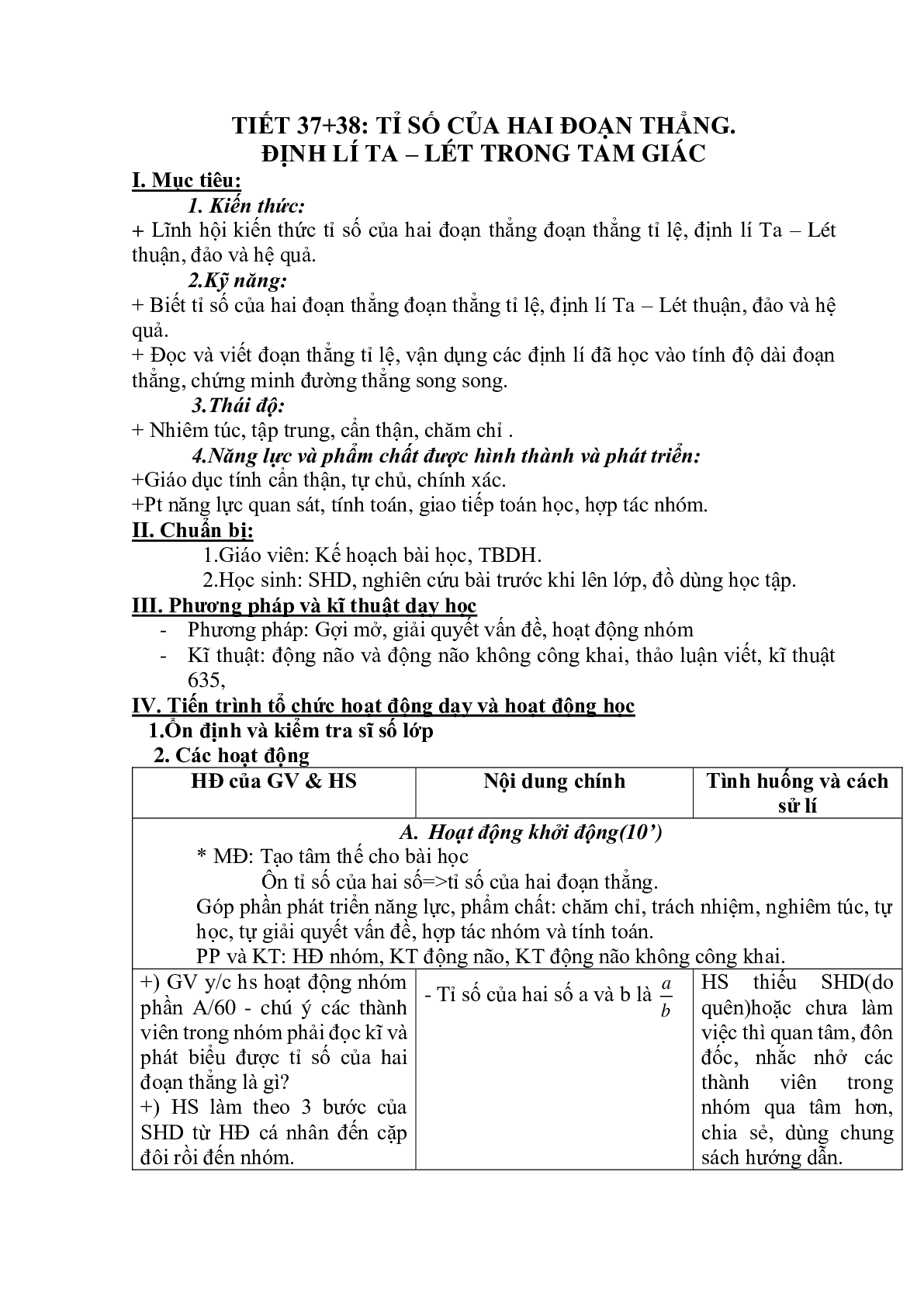 Giáo án Định lí Ta-lét trong tam giác (2023) - Toán 8 (trang 1)