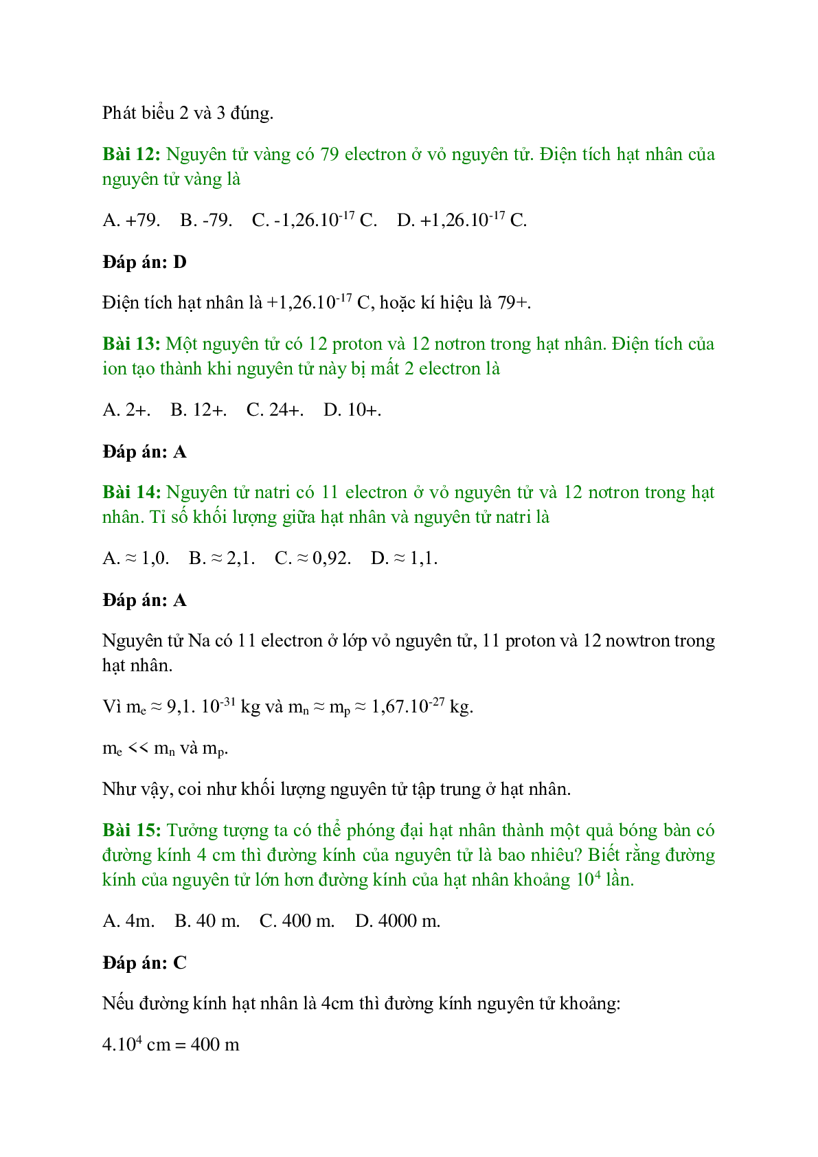 Trắc nghiệm Thành phần nguyên tử có đáp án - Hóa học 10 (trang 5)