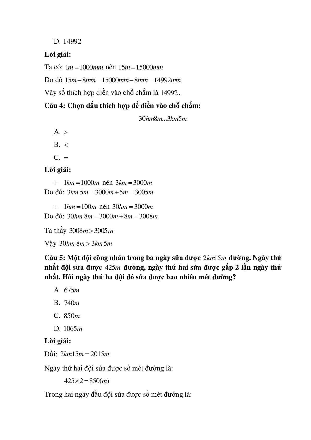 10 câu Trắc nghiệm  Ôn tập bảng đơn vị đo độ dài có đáp án 2023 – Toán lớp 5 (trang 2)