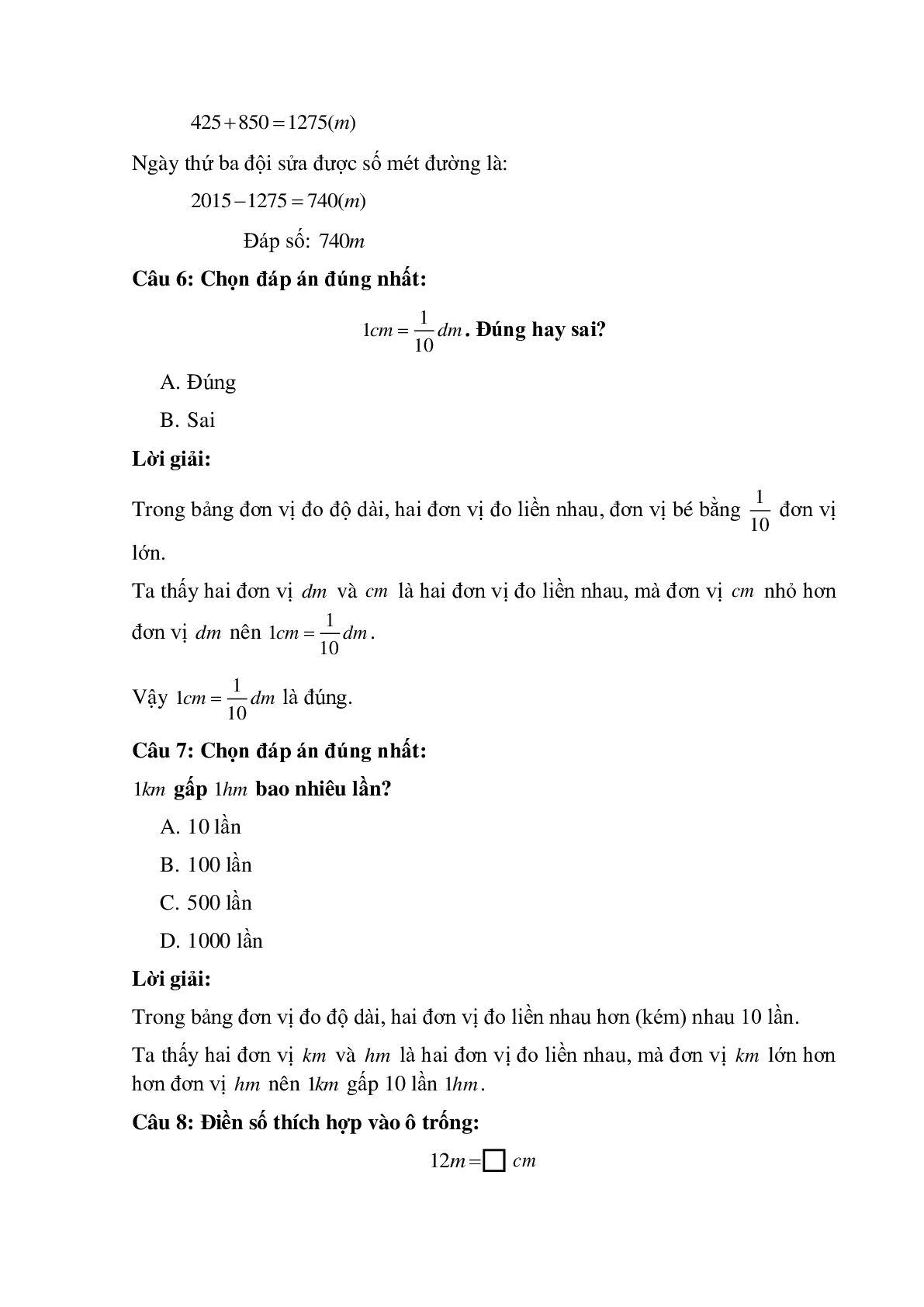 10 câu Trắc nghiệm  Ôn tập bảng đơn vị đo độ dài có đáp án 2023 – Toán lớp 5 (trang 3)
