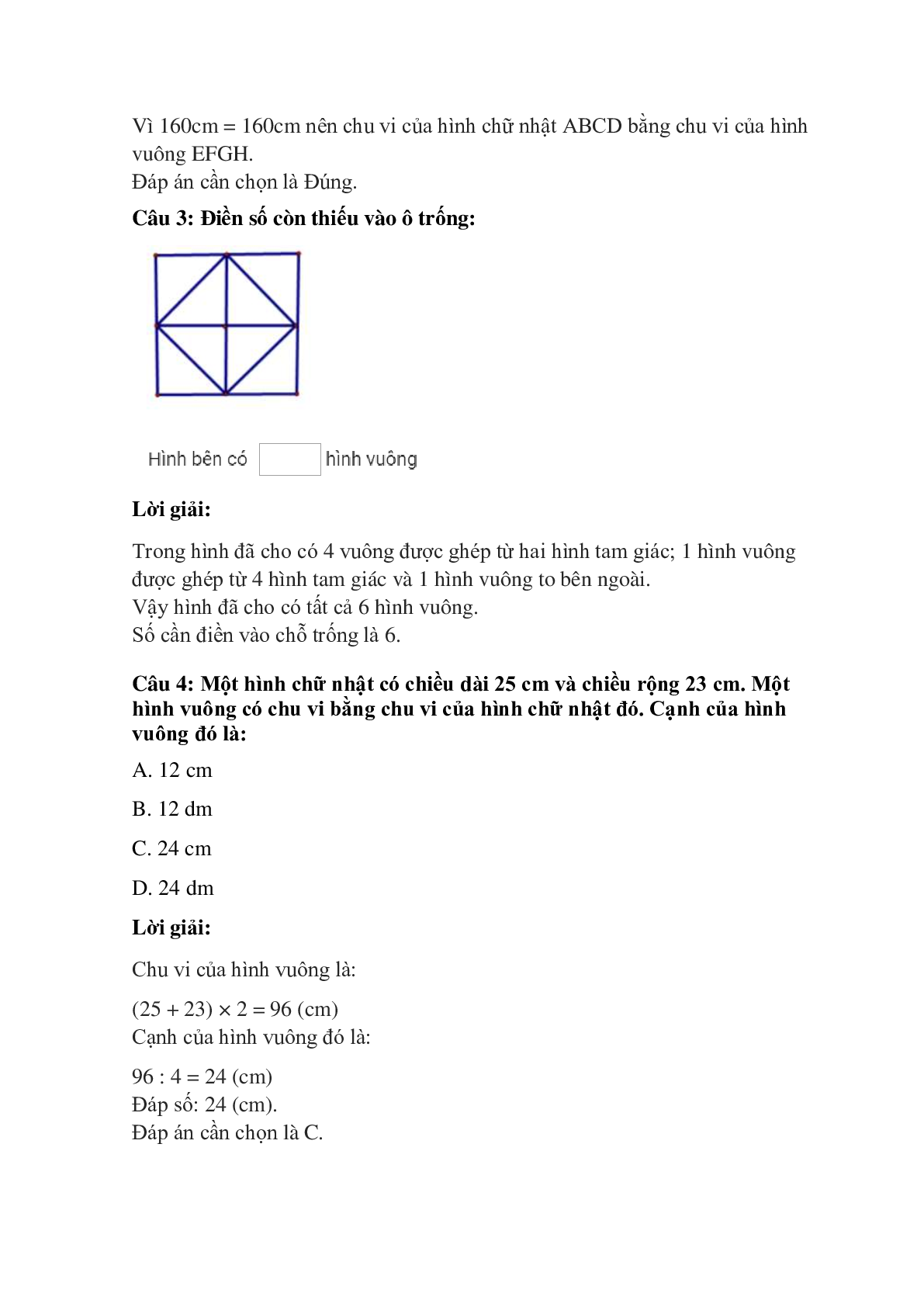 Trắc nghiệm Hình vuông. Chu vi hình vuông có đáp án – Toán lớp 3 (trang 2)