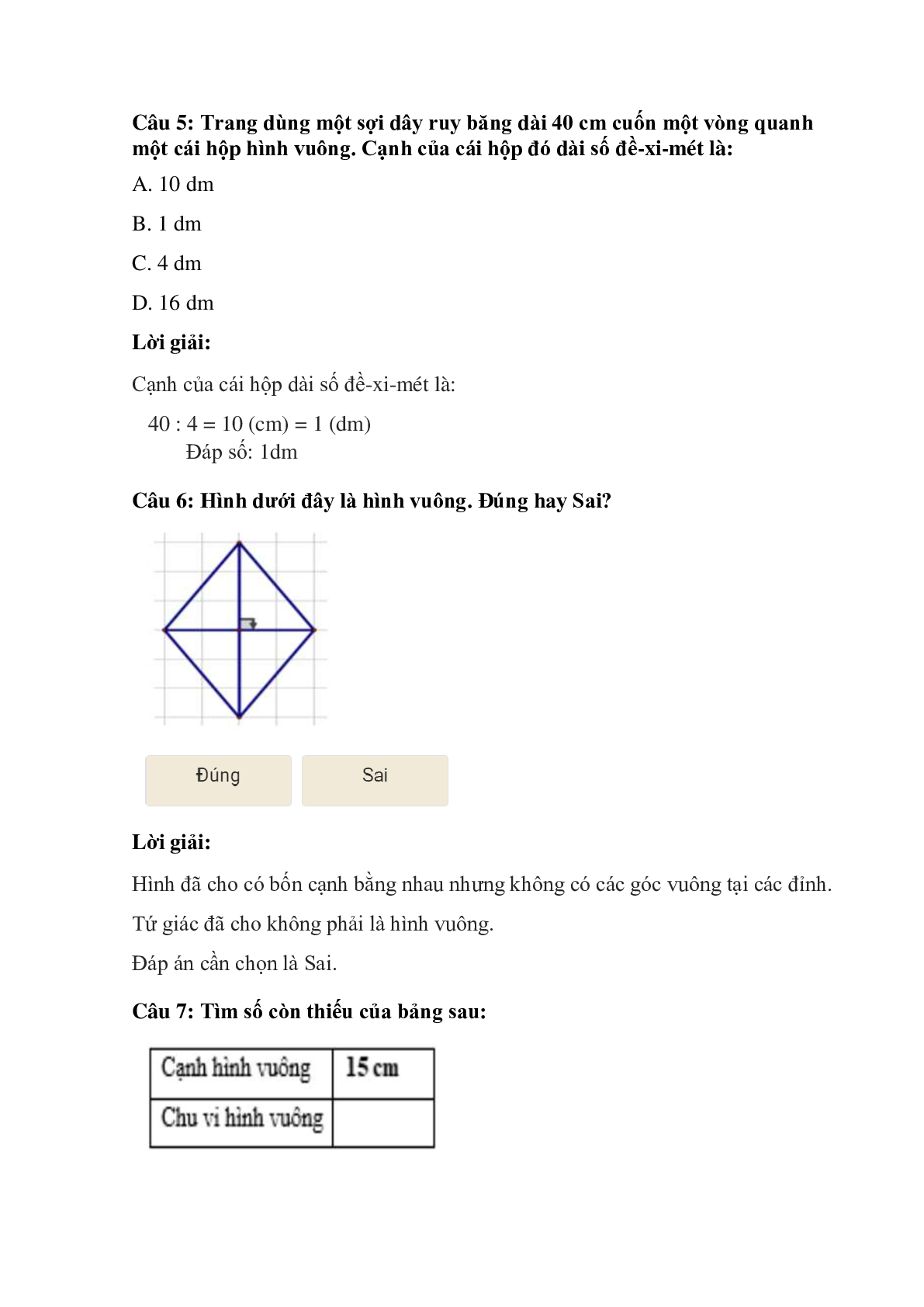 Trắc nghiệm Hình vuông. Chu vi hình vuông có đáp án – Toán lớp 3 (trang 3)