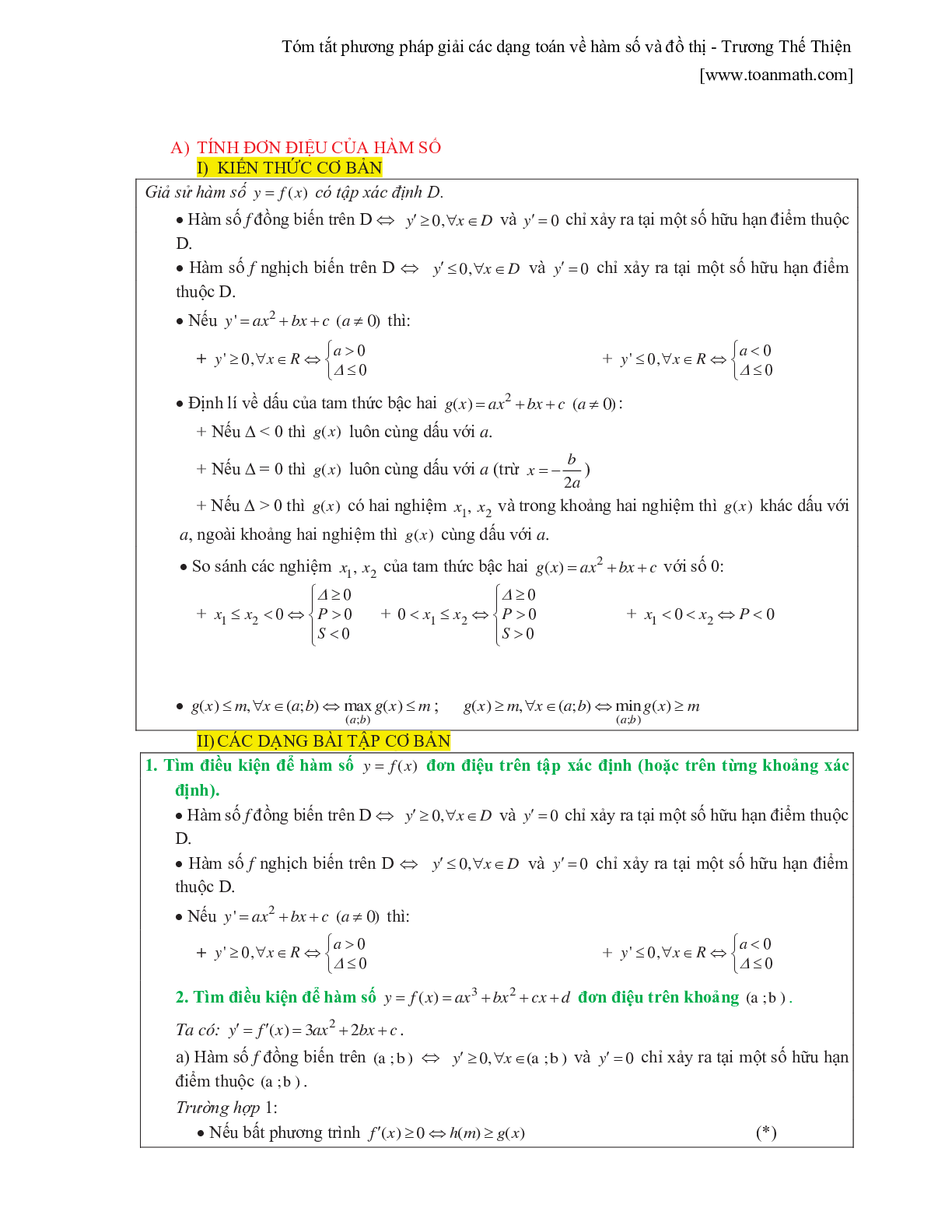 Tóm tắt phương pháp giải các dạng toán về hàm số và đồ thị (trang 1)