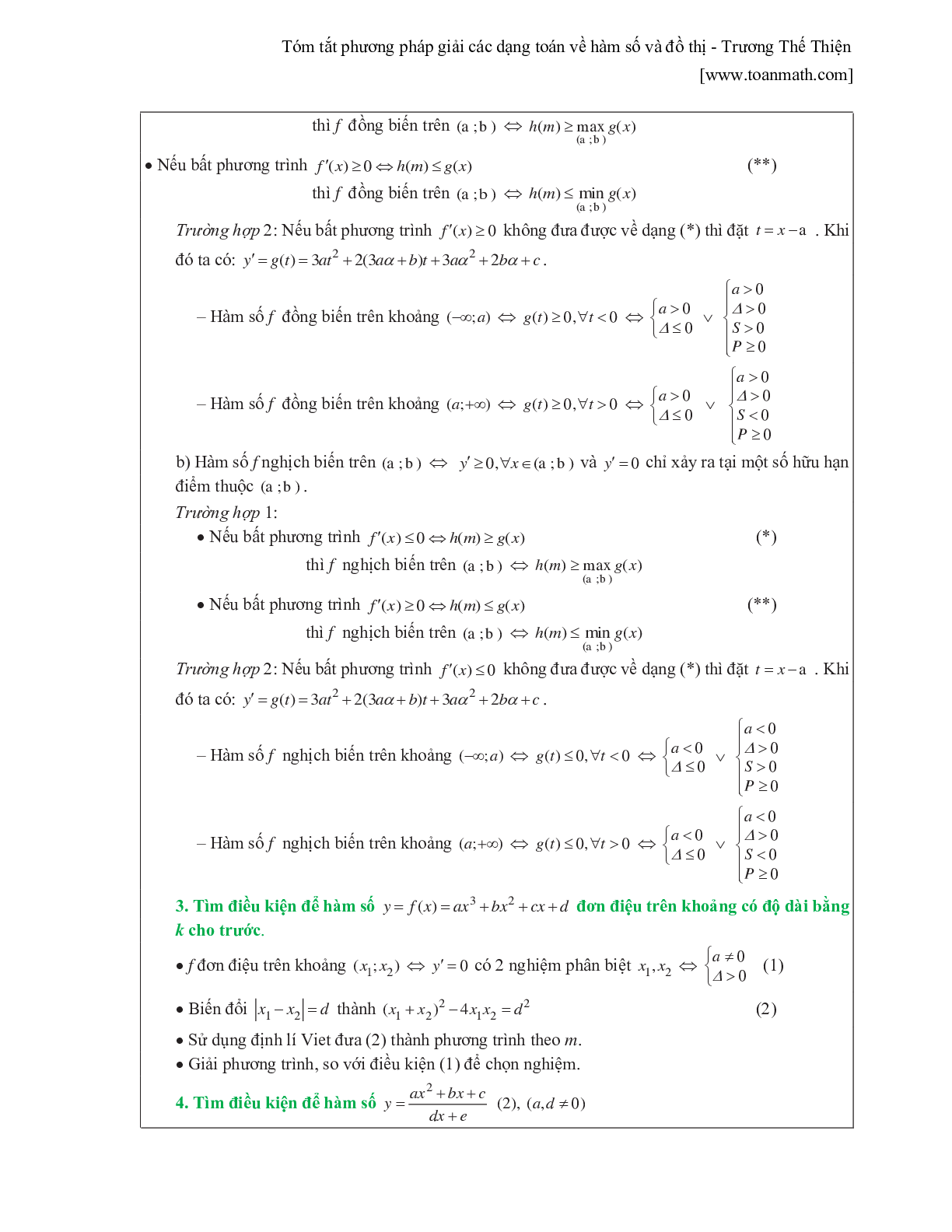 Tóm tắt phương pháp giải các dạng toán về hàm số và đồ thị (trang 2)
