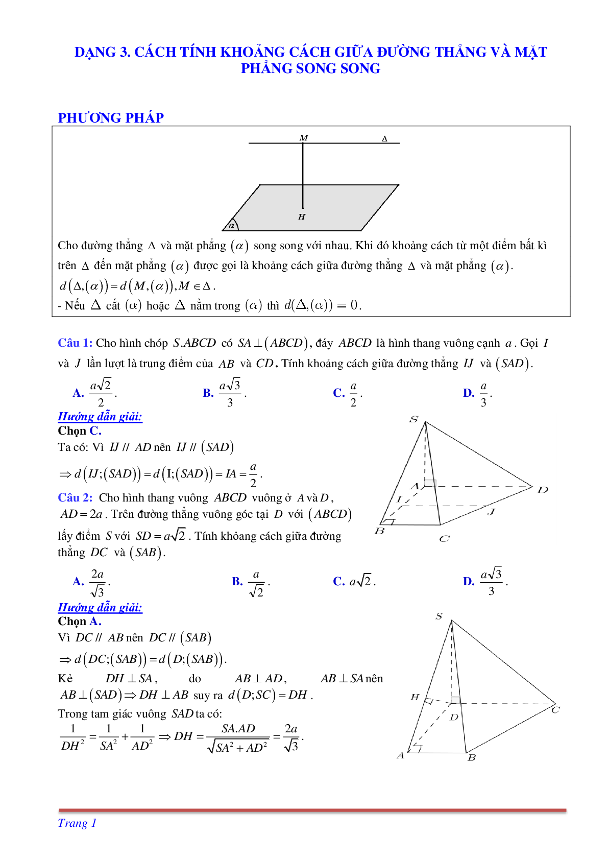 Phương pháp giải và bài tập về Cách tính khoảng cách giữa đường thẳng và mặt phẳng song song có đáp án (trang 1)