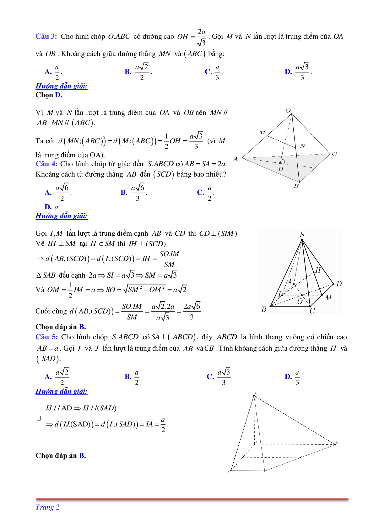Phương pháp giải và bài tập về Cách tính khoảng cách giữa đường thẳng và mặt phẳng song song có đáp án (trang 2)
