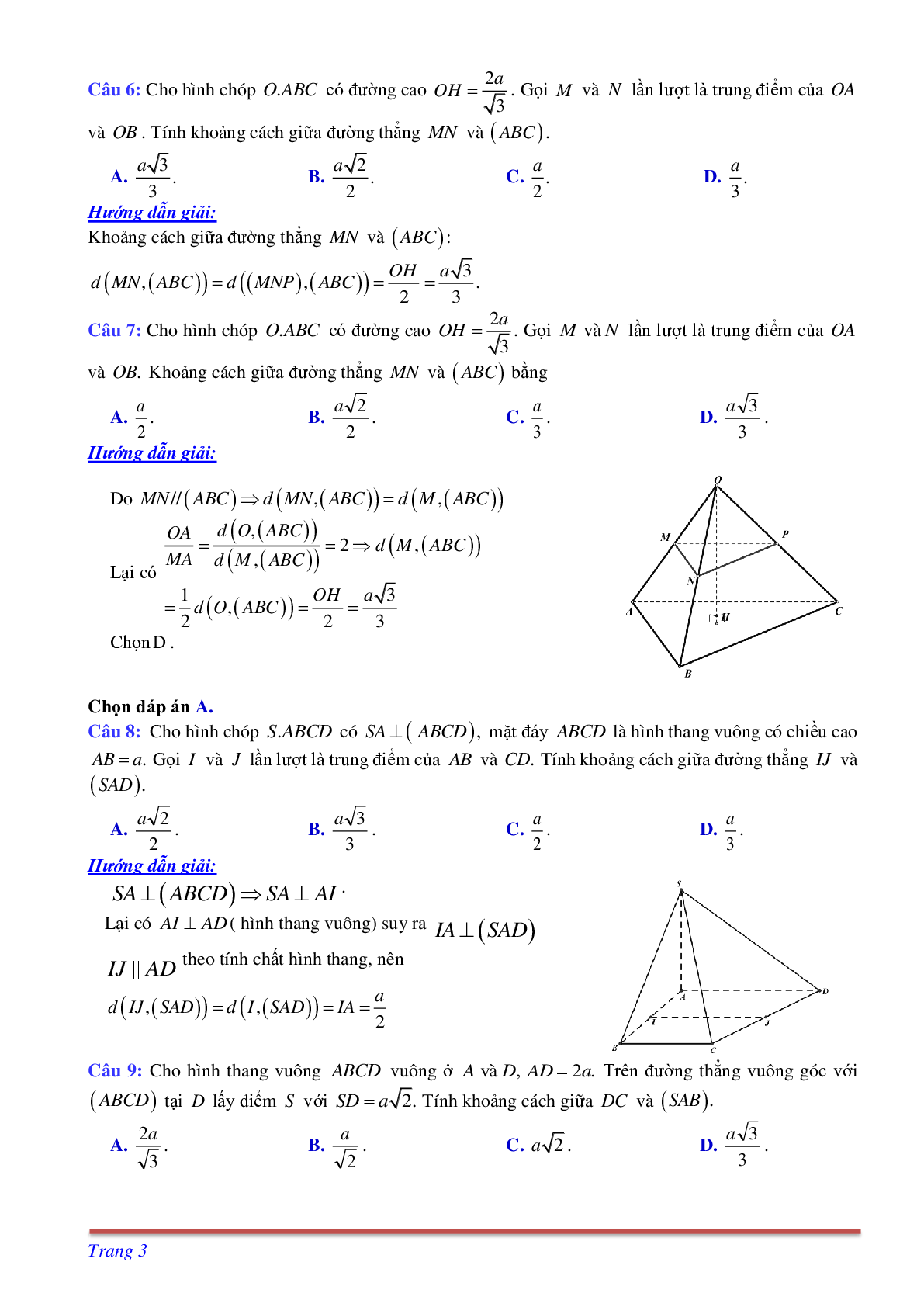 Phương pháp giải và bài tập về Cách tính khoảng cách giữa đường thẳng và mặt phẳng song song có đáp án (trang 3)