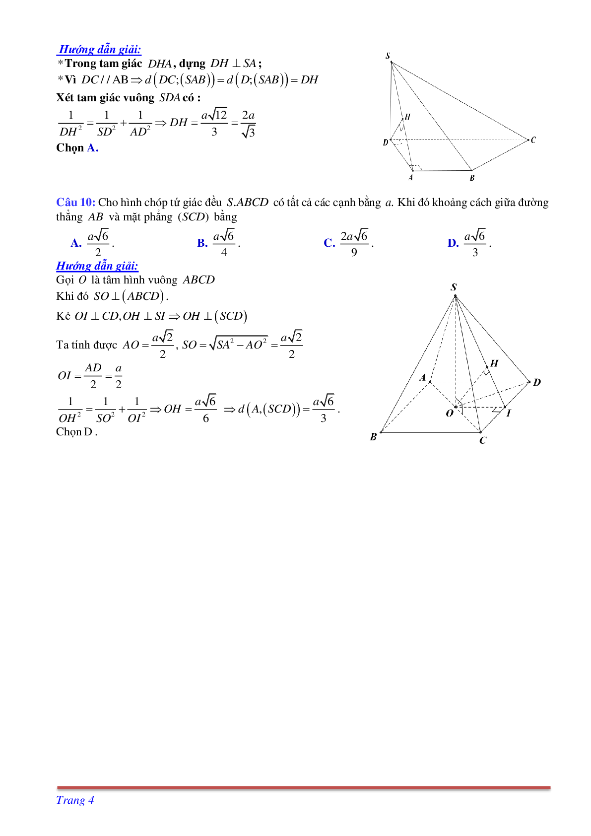 Phương pháp giải và bài tập về Cách tính khoảng cách giữa đường thẳng và mặt phẳng song song có đáp án (trang 4)