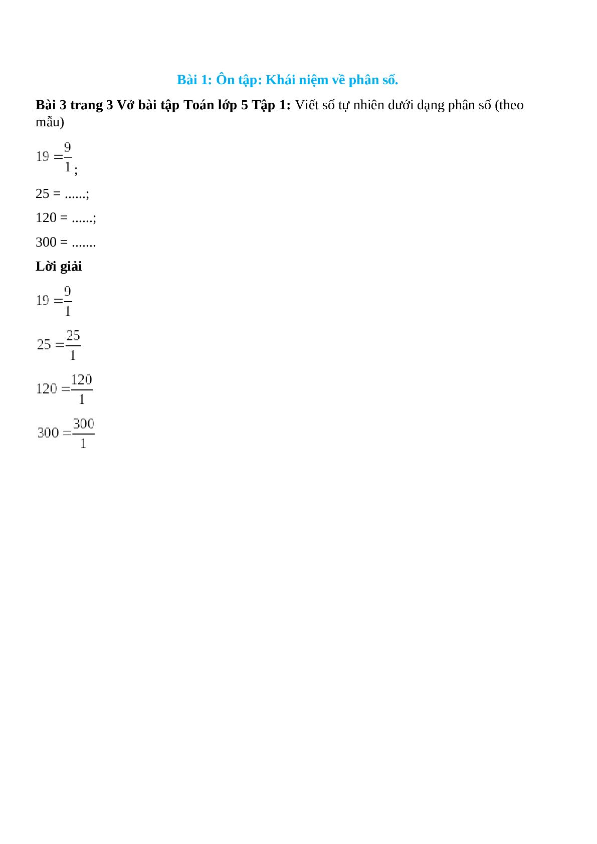 Viết số tự nhiên dưới dạng phân số (theo mẫu): 9 = 9/1 (trang 1)