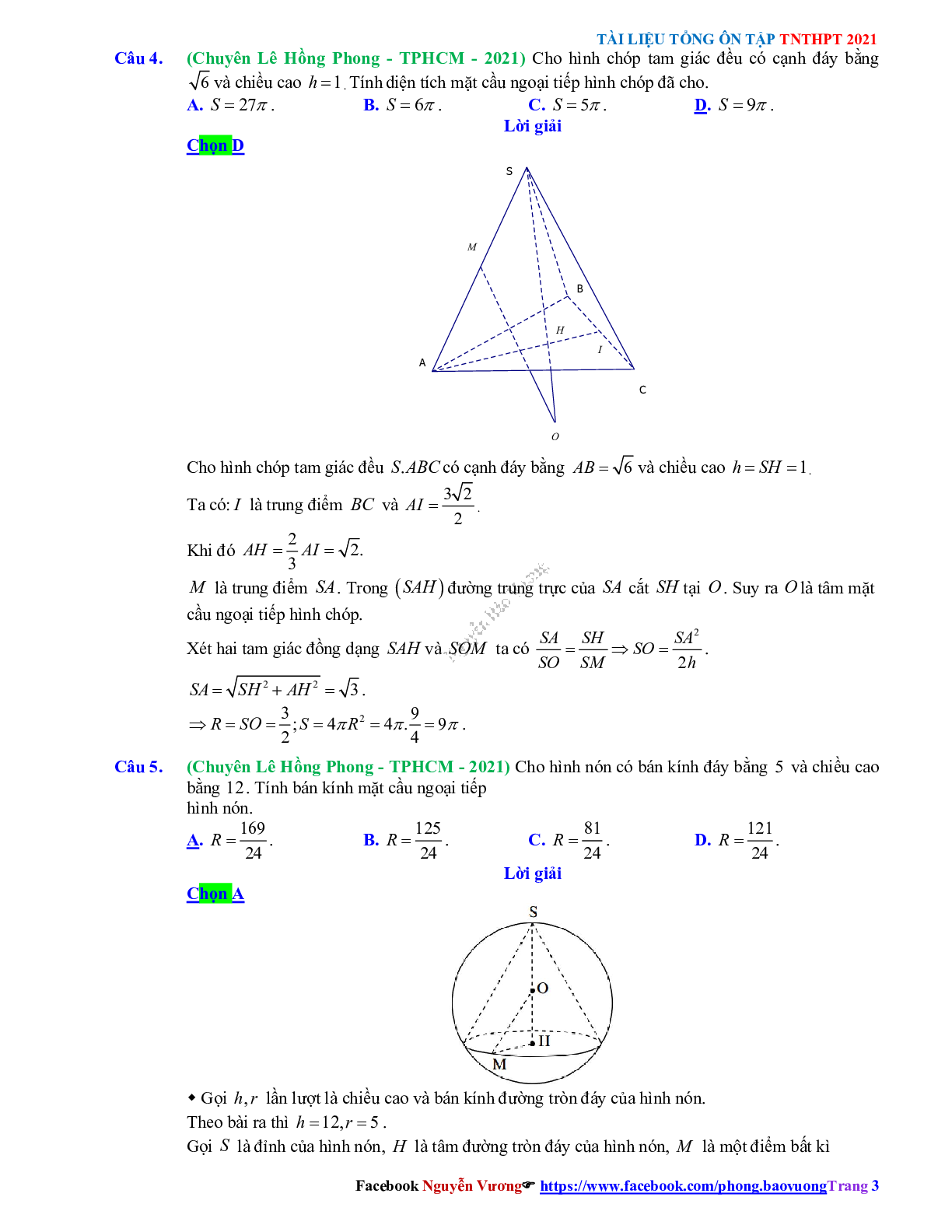 Trắc nghiệm Ôn thi THPT QG Toán 12: Đáp án khối tròn xoay mức độ vận dụng (trang 3)