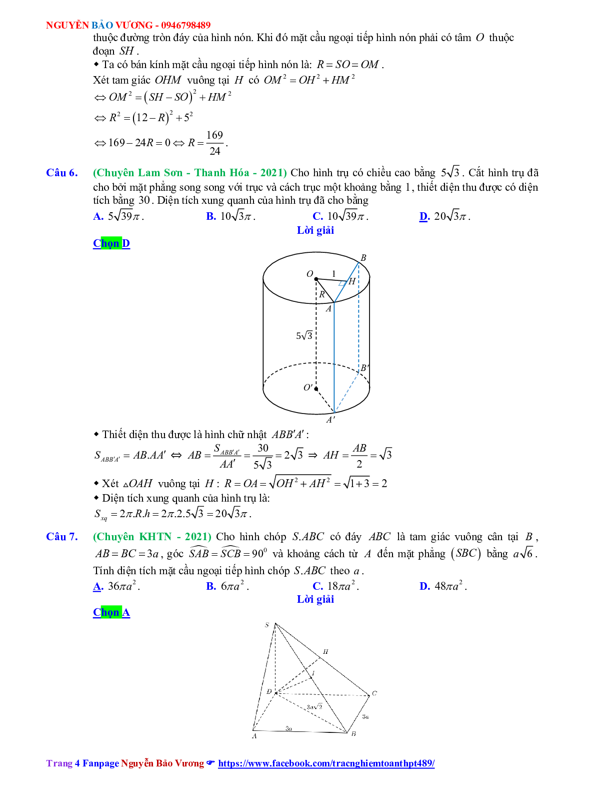 Trắc nghiệm Ôn thi THPT QG Toán 12: Đáp án khối tròn xoay mức độ vận dụng (trang 4)