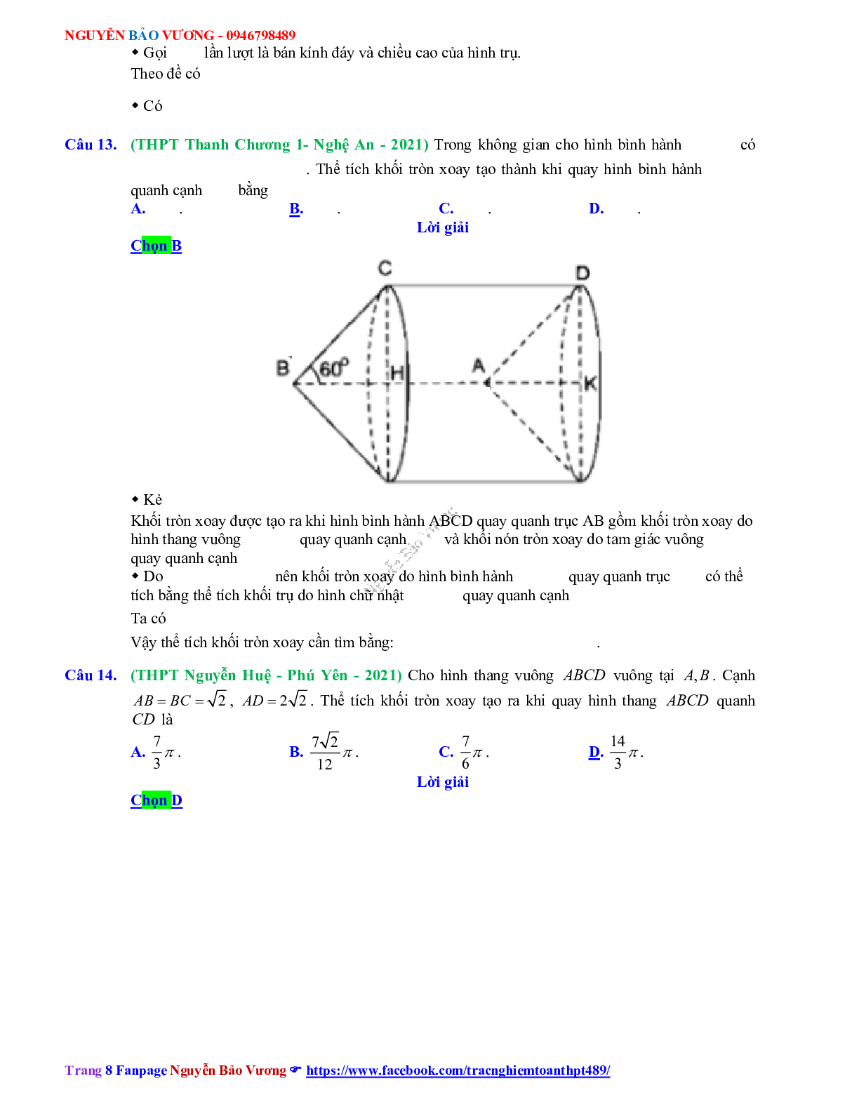 Trắc nghiệm Ôn thi THPT QG Toán 12: Đáp án khối tròn xoay mức độ vận dụng (trang 8)