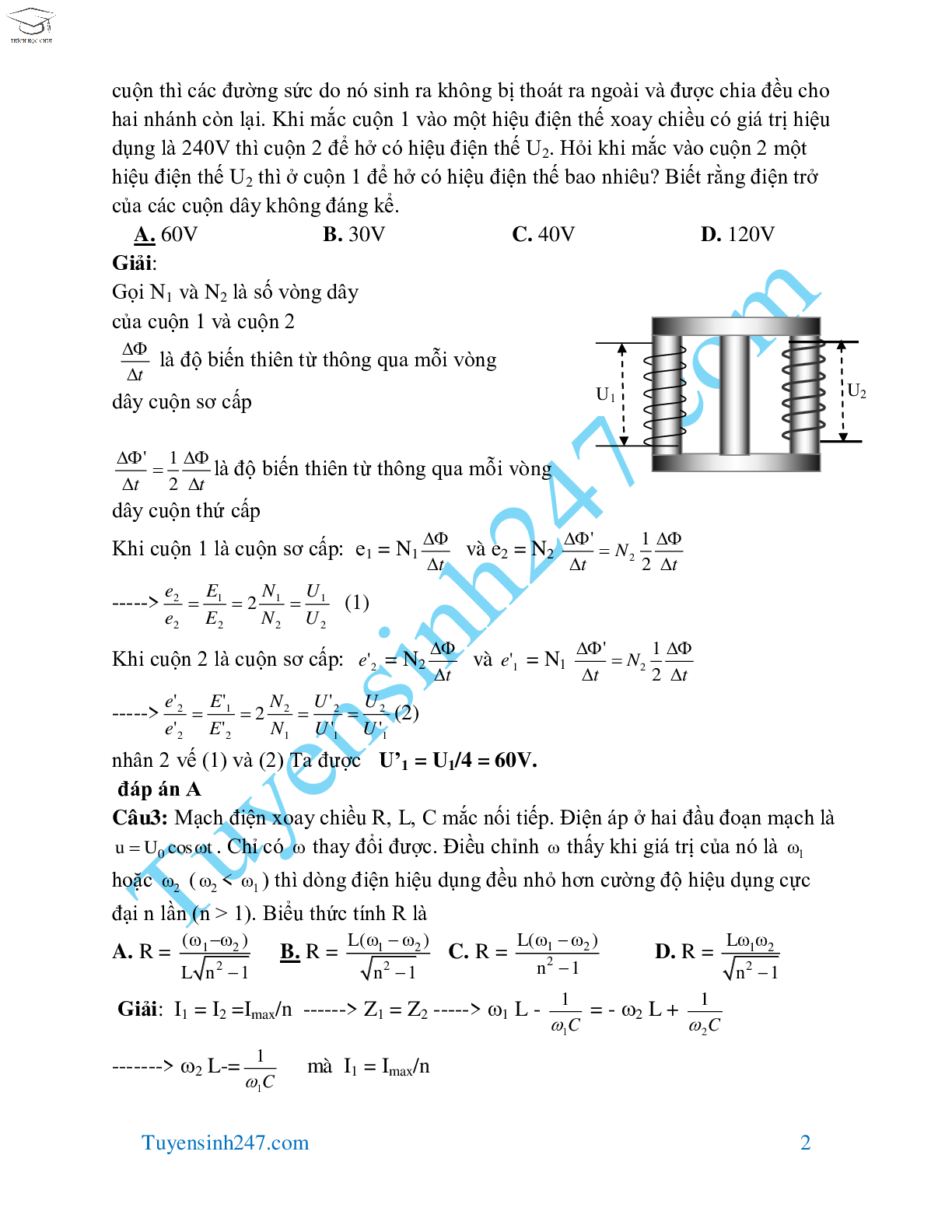 70 bài tập dòng điện xoay chiều hay và khó môn Vật Lý lớp 12 (trang 2)