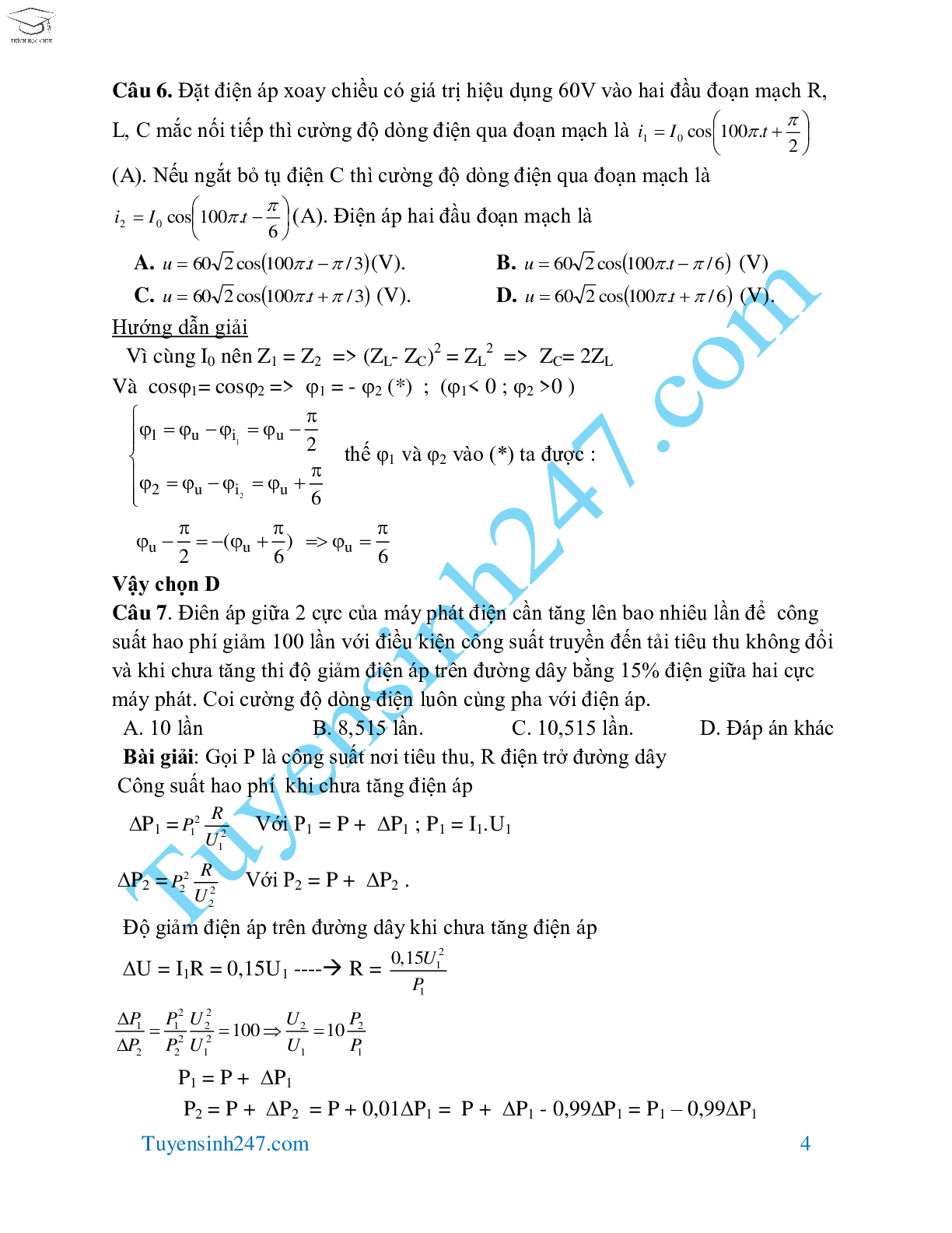 70 bài tập dòng điện xoay chiều hay và khó môn Vật Lý lớp 12 (trang 4)