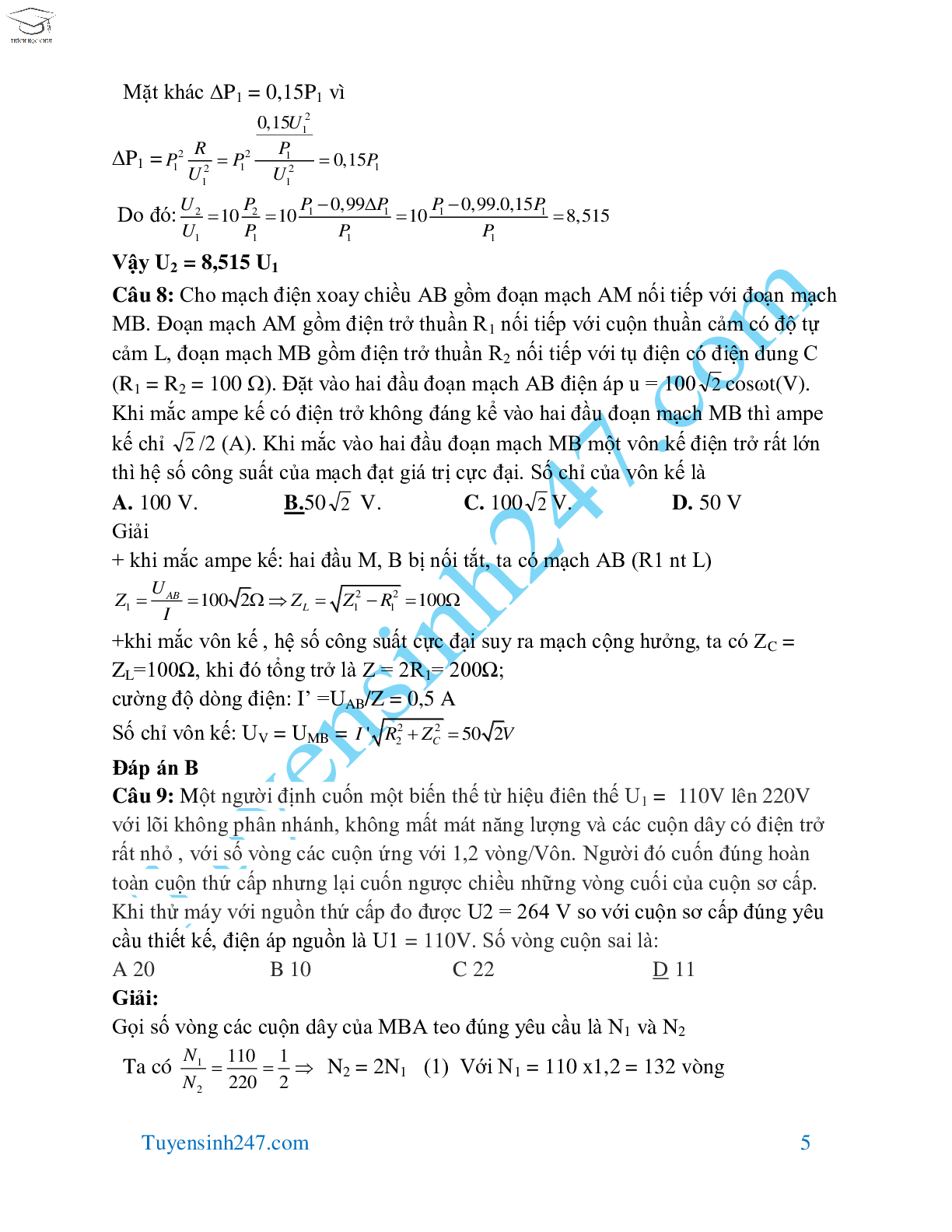 70 bài tập dòng điện xoay chiều hay và khó môn Vật Lý lớp 12 (trang 5)