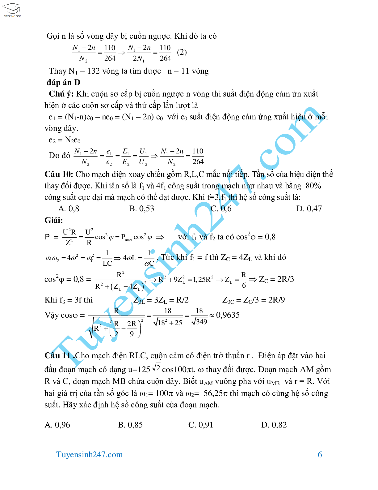70 bài tập dòng điện xoay chiều hay và khó môn Vật Lý lớp 12 (trang 6)