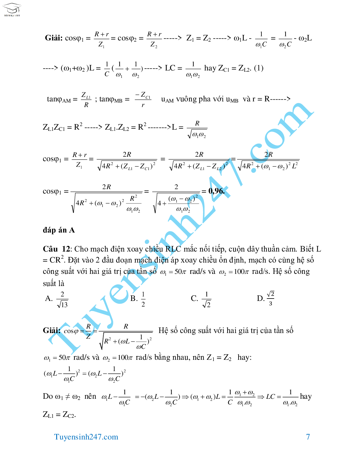 70 bài tập dòng điện xoay chiều hay và khó môn Vật Lý lớp 12 (trang 7)