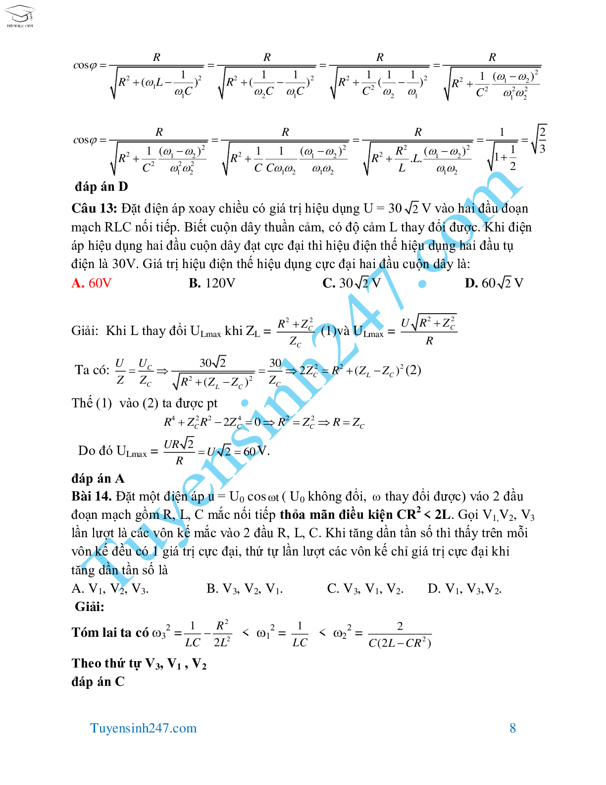 70 bài tập dòng điện xoay chiều hay và khó môn Vật Lý lớp 12 (trang 8)
