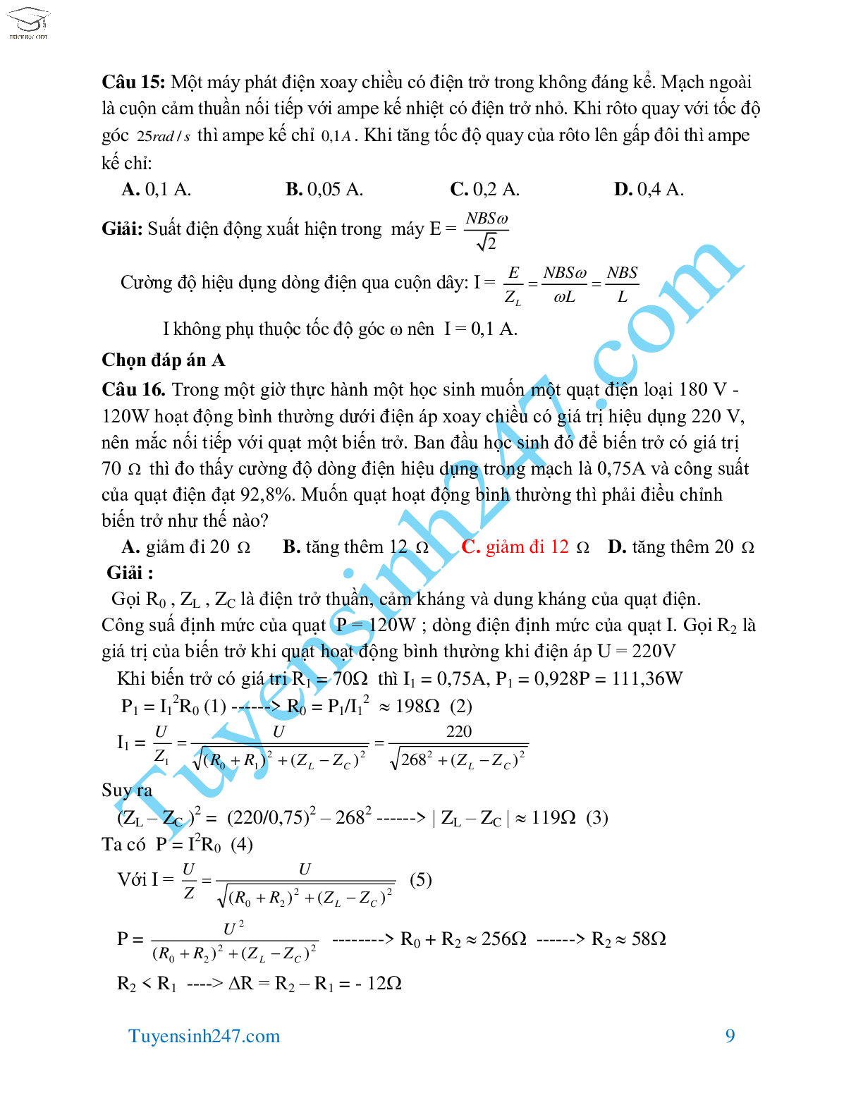 70 bài tập dòng điện xoay chiều hay và khó môn Vật Lý lớp 12 (trang 9)