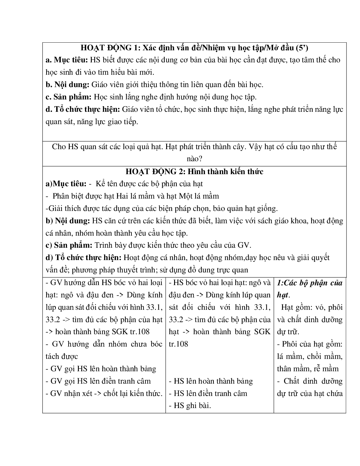 Giáo án Sinh học 6 Bài 33: Hạt và các bộ phận của hạt mới nhất - CV5555 (trang 2)