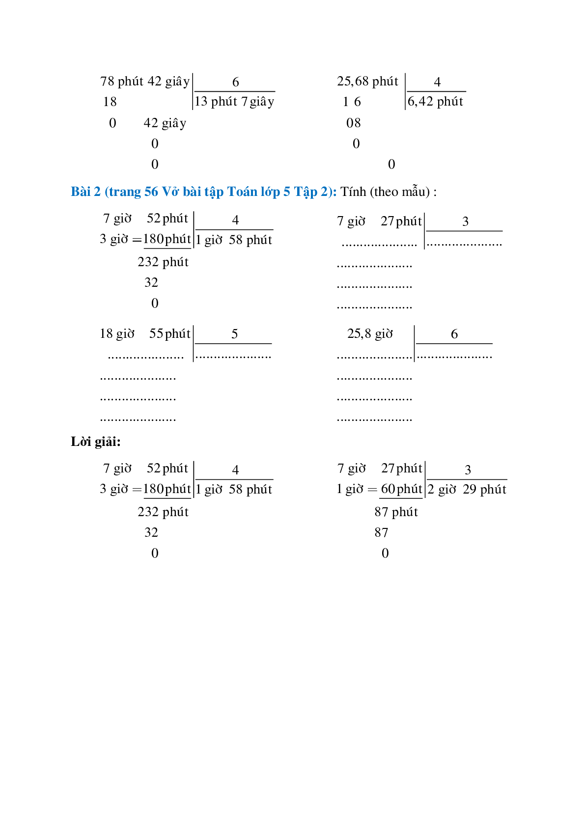 Vở bài tập Toán lớp 5 Tập 2 trang 56, 57 Bài 127: Chia số đo thời gian với một số (trang 2)
