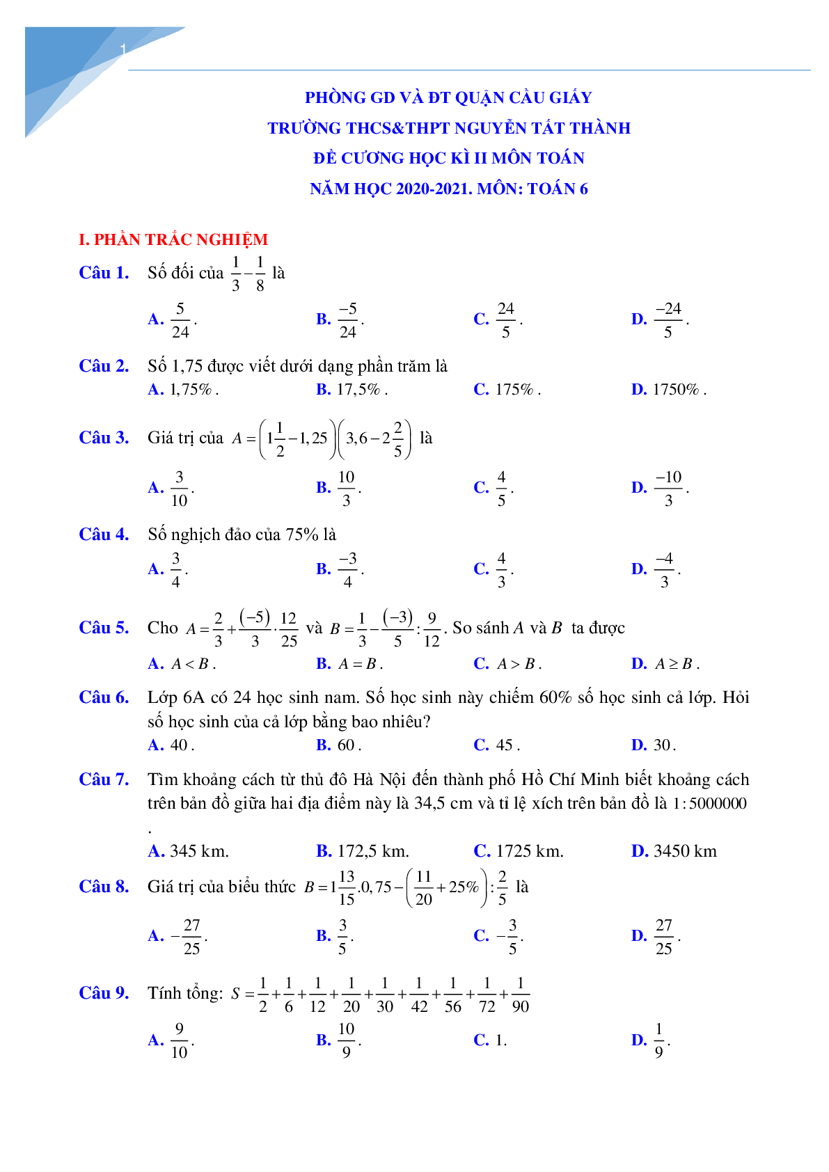 Đề cương học kì 2 môn toán lớp 6 Hà Nội (trang 1)