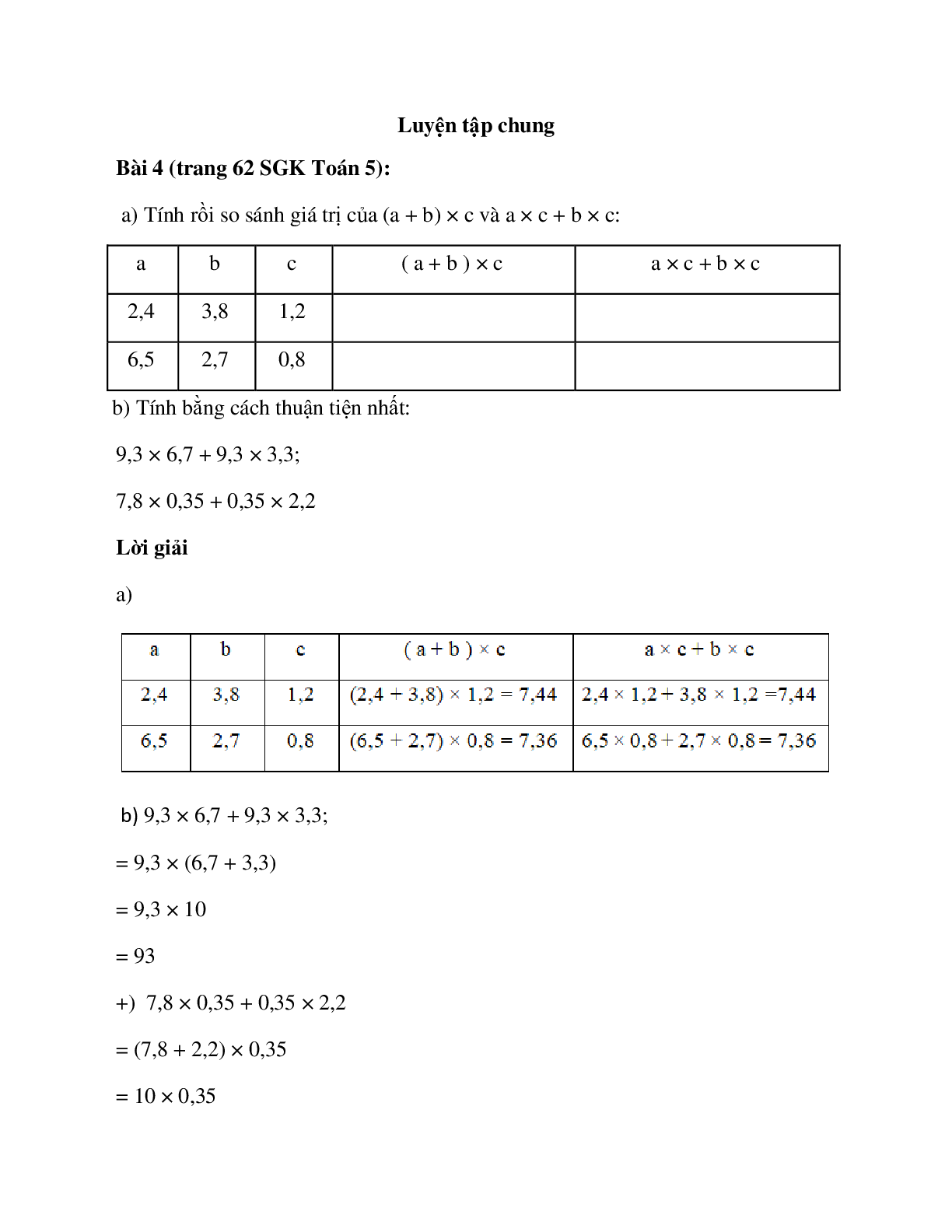 Tính rồi so sánh giá trị của (a + b) × c và a × c + b × c (trang 1)