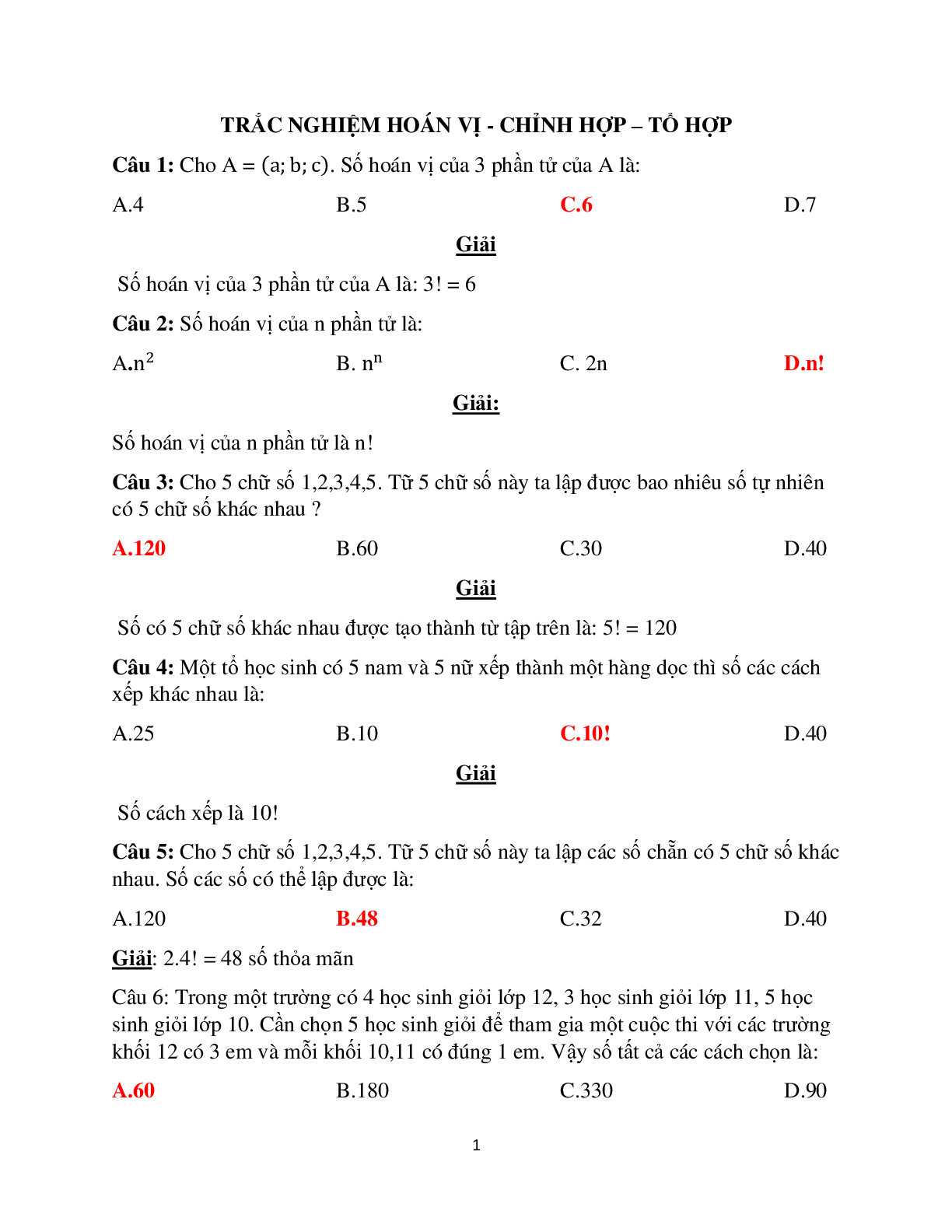 Bài tập về Hoán vị - Chỉnh hợp - Tổ hợp môn Toán lớp 11 có đáp án (trang 1)