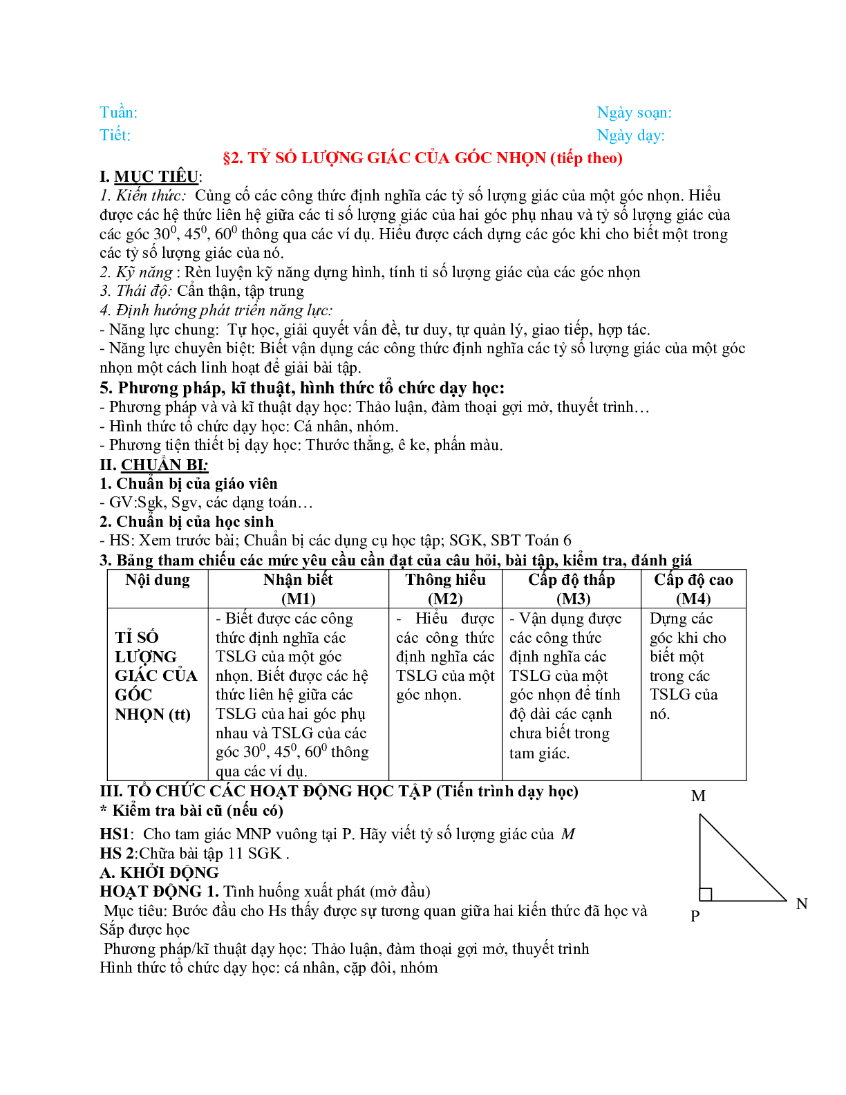 Giáo án Hình học 9 chương 1 bài 2: Tỉ số lượng giác của góc nhọn (tiếp) mới nhất (trang 1)