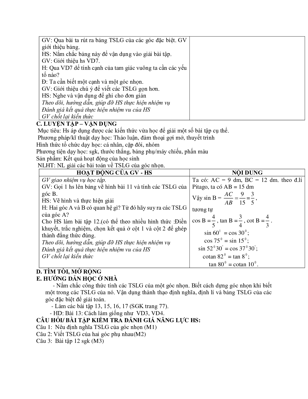Giáo án Hình học 9 chương 1 bài 2: Tỉ số lượng giác của góc nhọn (tiếp) mới nhất (trang 4)