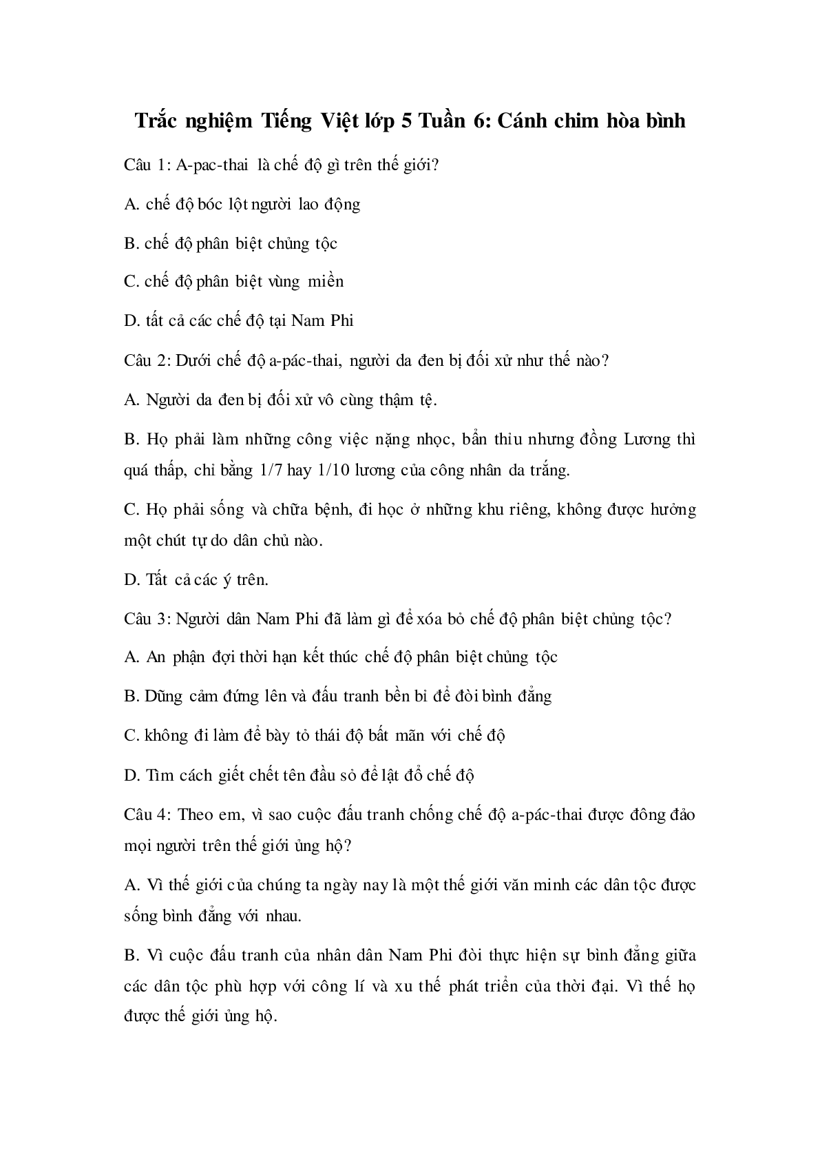 Trắc nghiệm Tiếng Việt lớp 5: Tuần 6 có đáp án (trang 1)