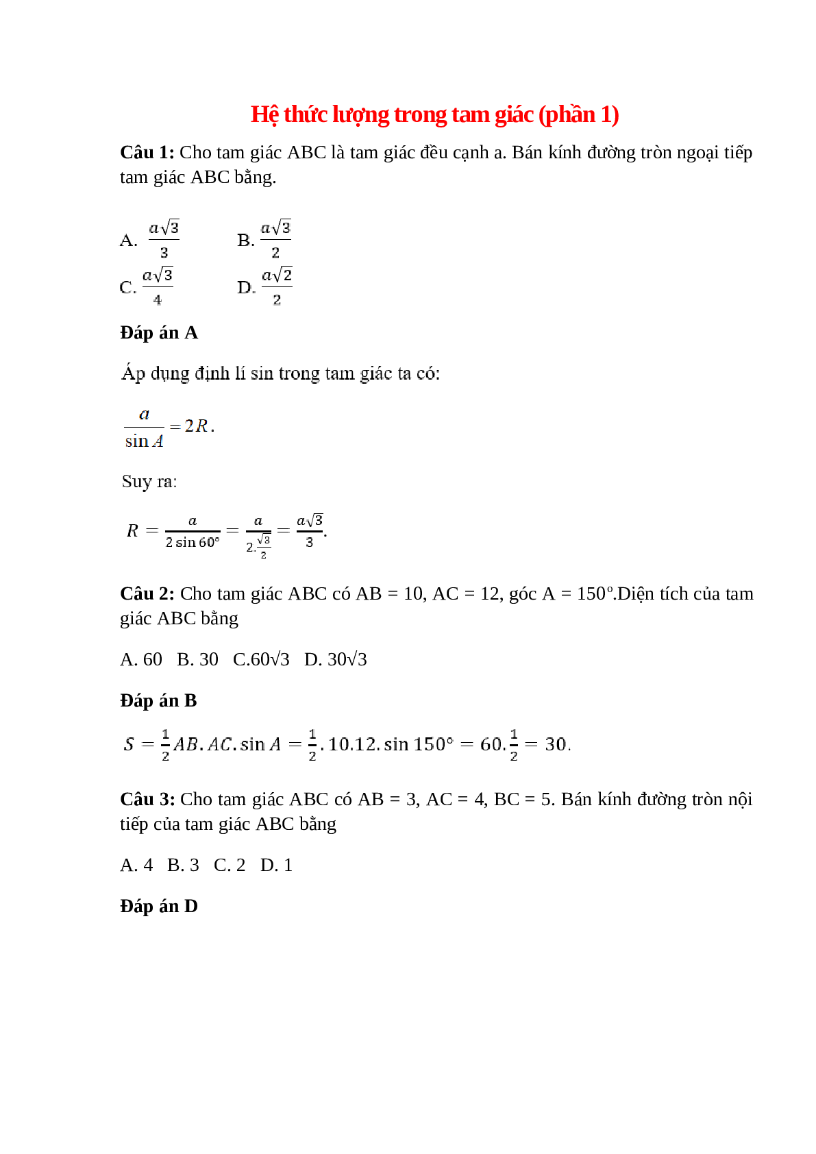 22 Bài tập nâng cao Hệ thức lượng trong tam giác lớp 10 có đáp án (trang 1)