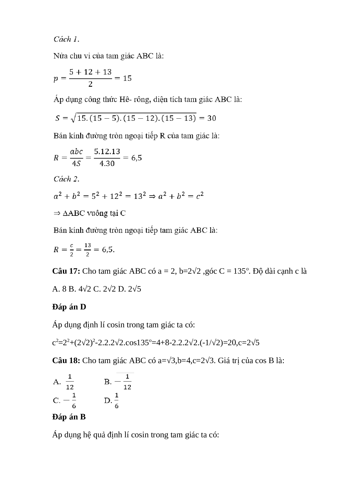22 Bài tập nâng cao Hệ thức lượng trong tam giác lớp 10 có đáp án (trang 8)