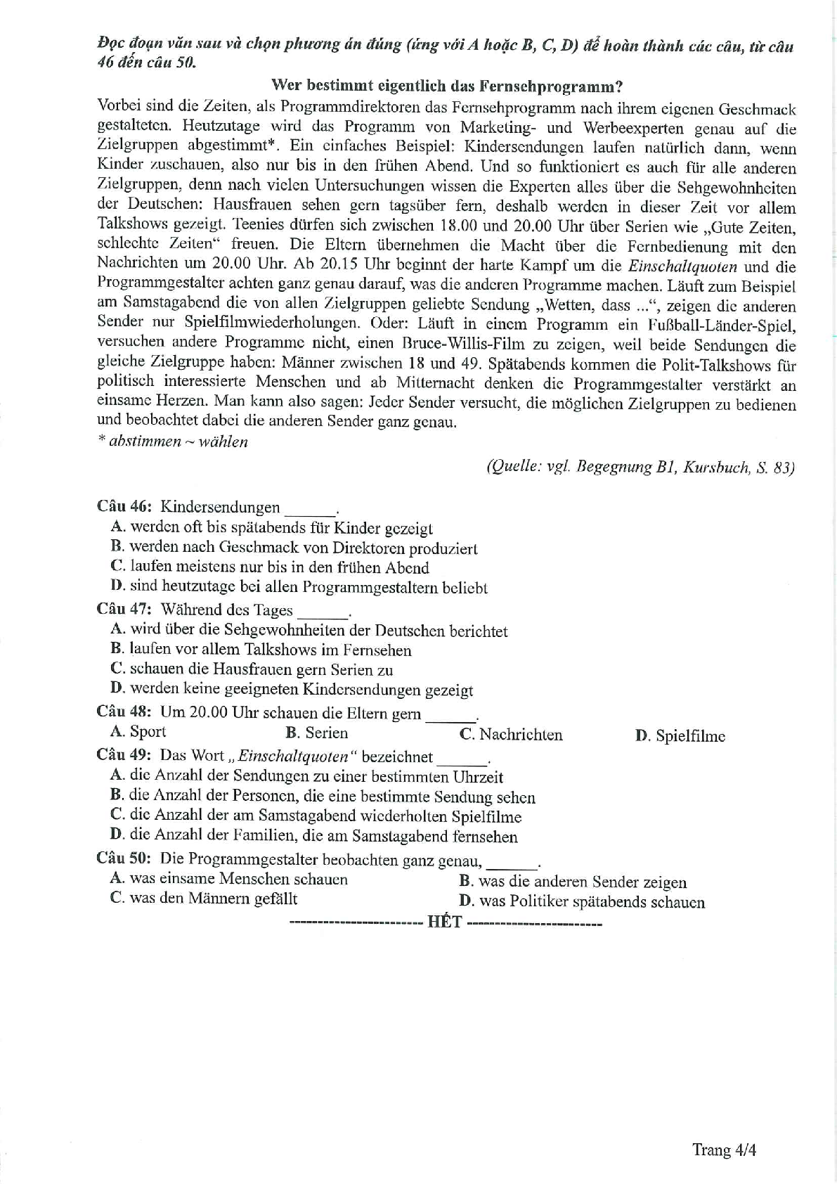 Đề tham khảo tốt nghiệp THPT môn Tiếng Đức năm 2023 (có lời giải) (trang 4)