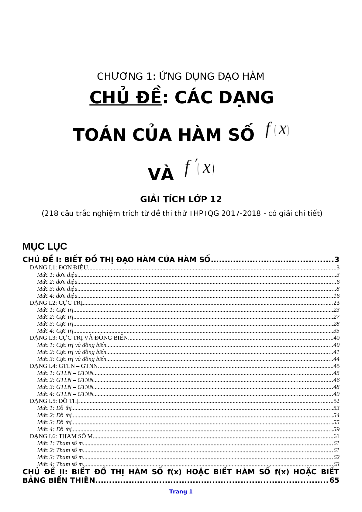 218 bài toán hàm ẩn hay nhất có giải chi tiết - Toán 12 (trang 1)