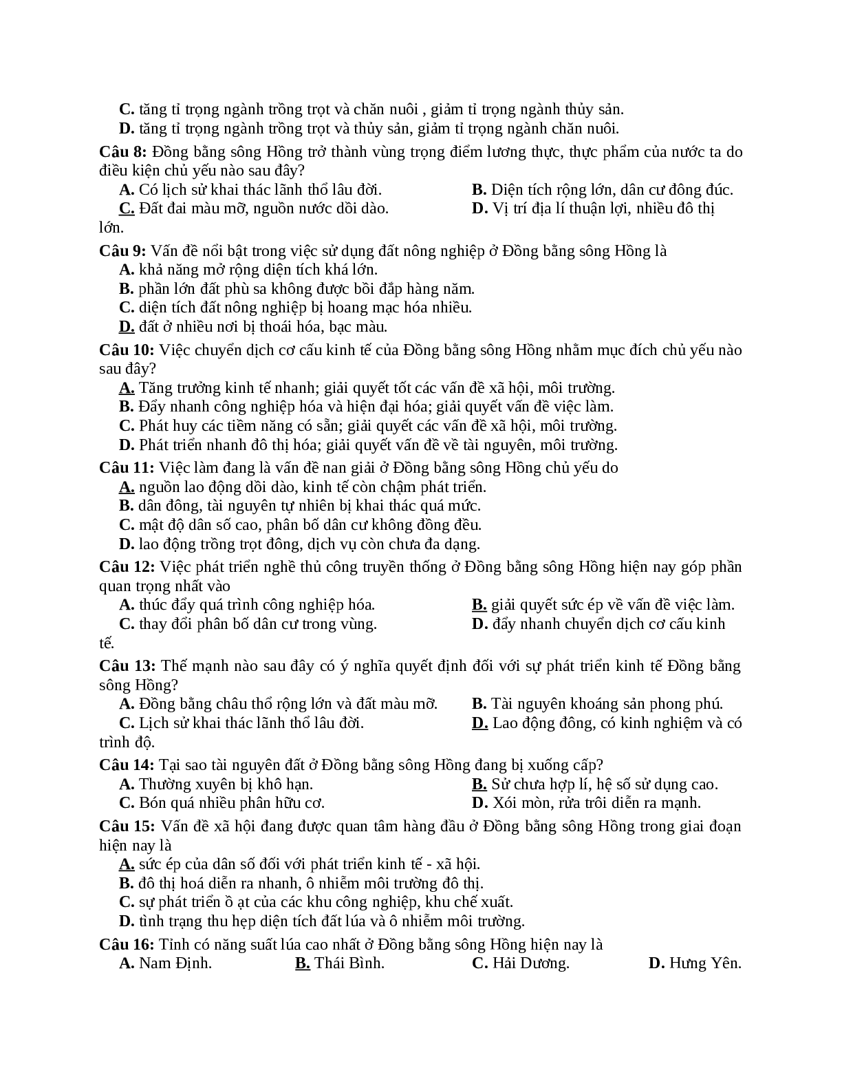 Bài tập Trắc nghiệm Địa Lí 12 bài 21 - 24 có đáp án (trang 10)