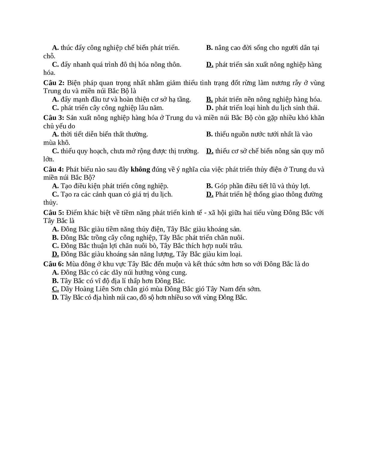 Bài tập Trắc nghiệm Địa Lí 12 bài 21 - 24 có đáp án (trang 6)