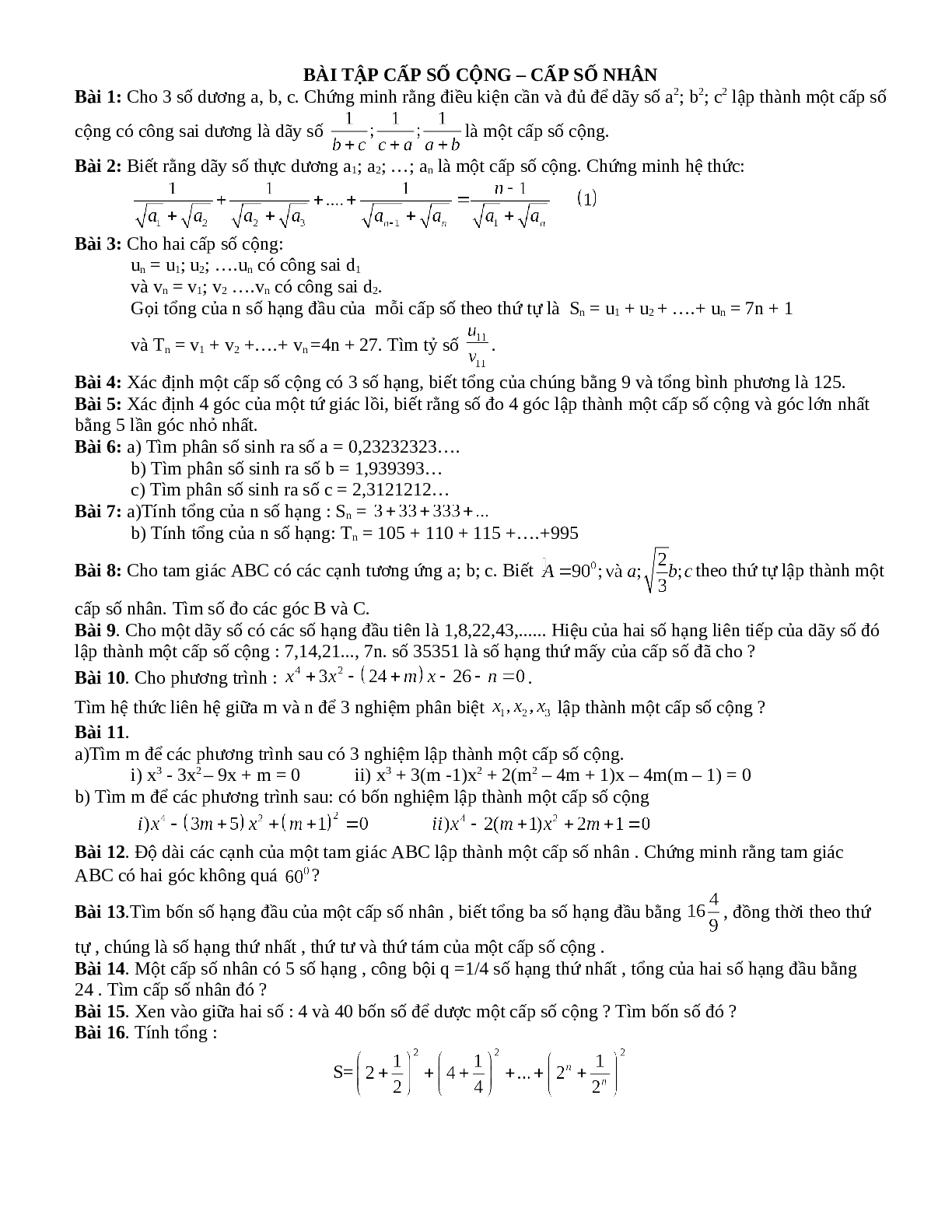 Bài tập cấp số nhân và cấp số cộng toán 11 có lời giải (trang 1)