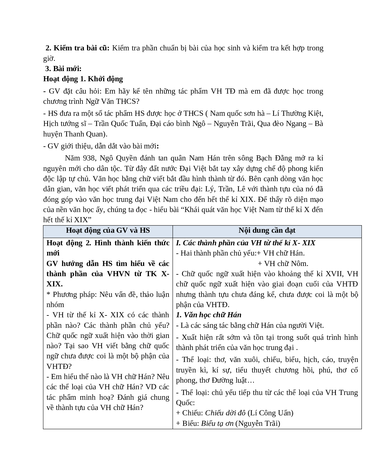 Giáo án Ngữ văn 10 tập 1 bài Khái quát văn học Việt Nam từ thế kỉ X đến hết thế kỉ XIX (Tiết 1) mới nhất (trang 2)