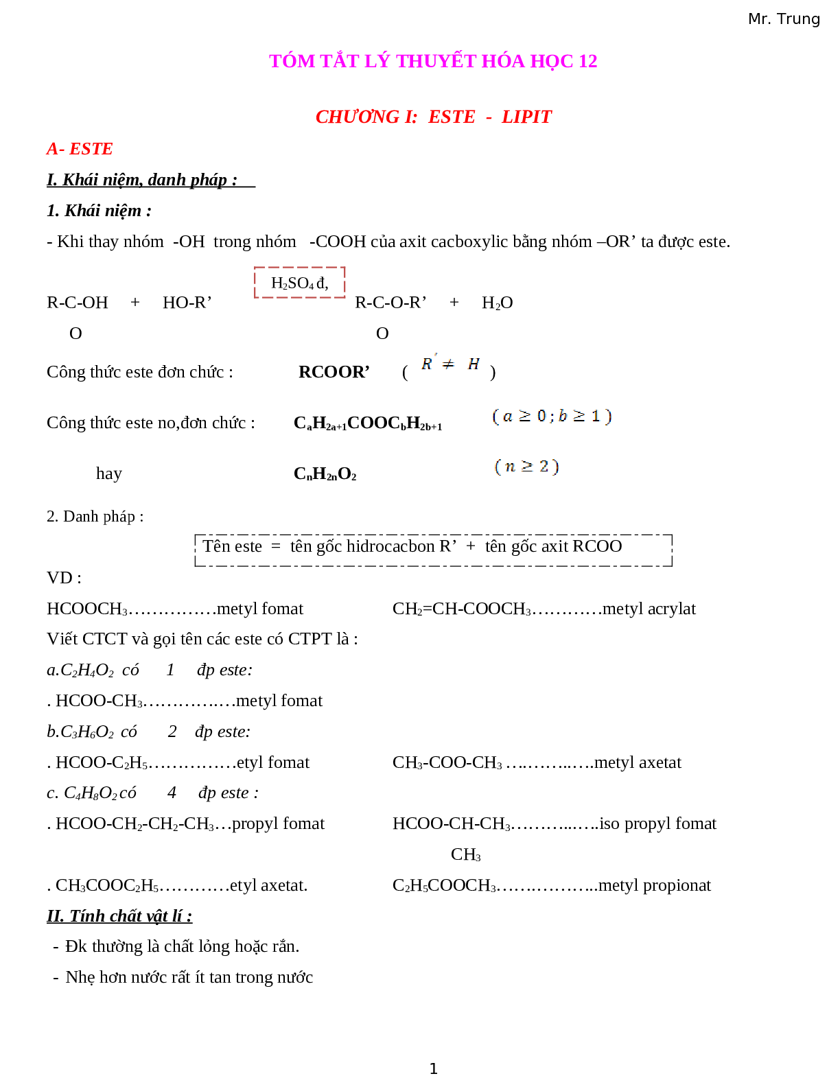 Lý thuyết về hóa học lớp 12 chi tiết, chọn lọc (trang 1)