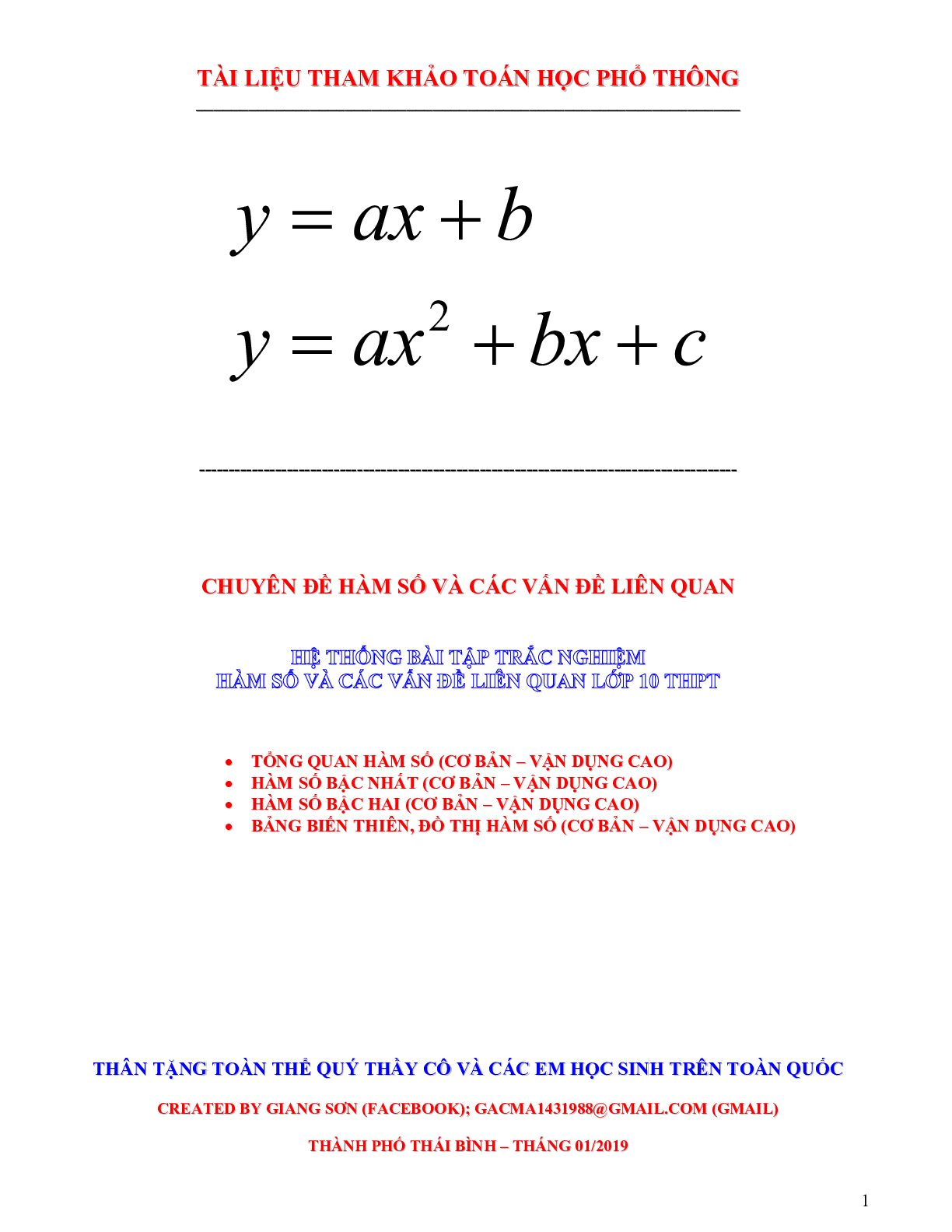 Hệ thống bài tập trắc nghiệm hàm số và các vấn đề liên quan (trang 1)
